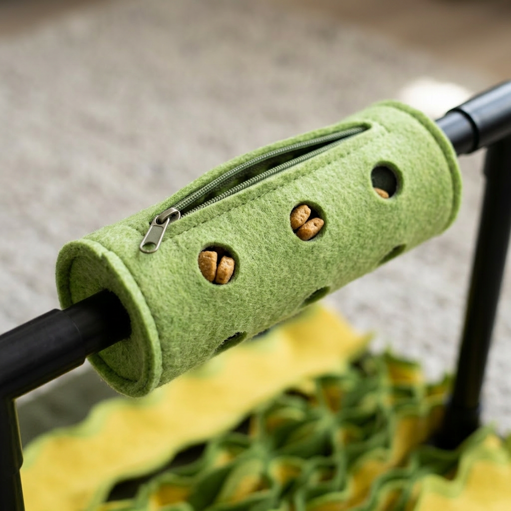 Close-up of the Graze snuffle roller zippered treat pocket and holes
