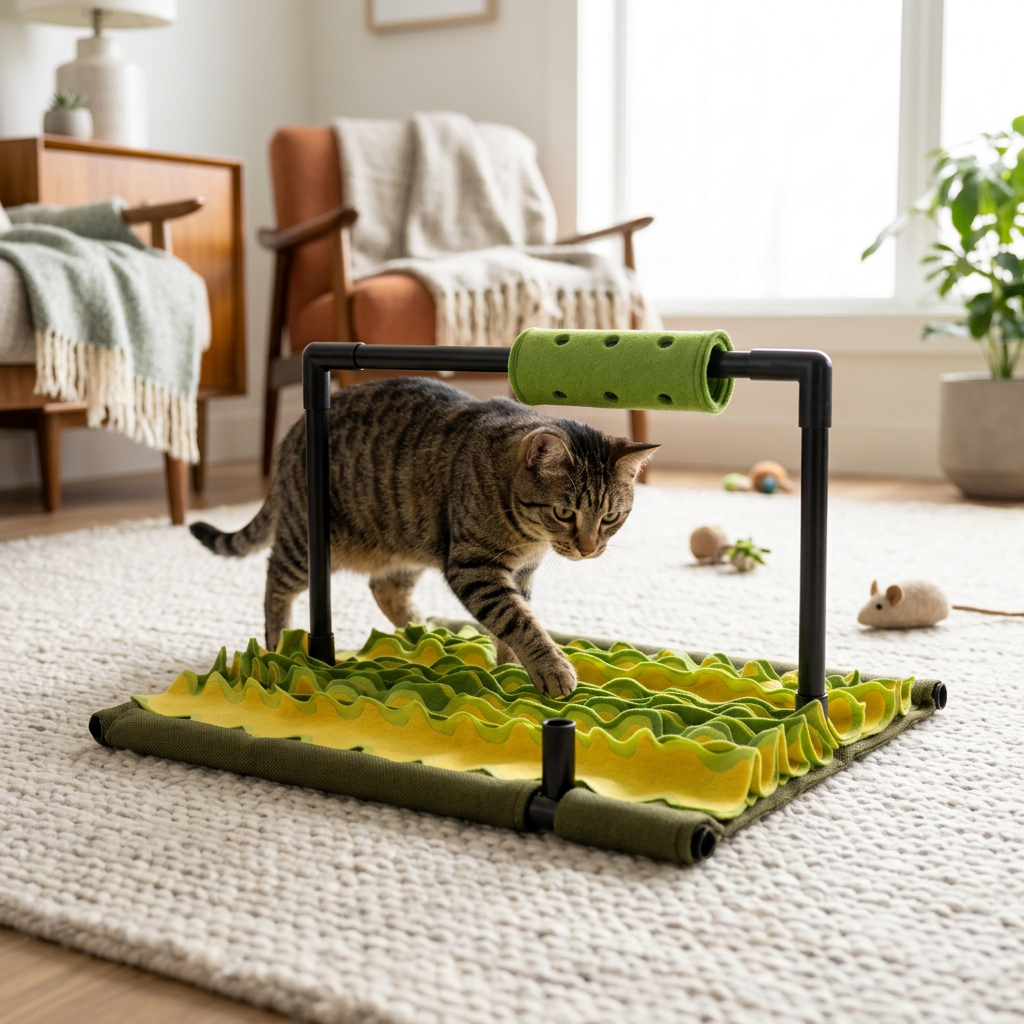 Graze snuffle mat in a stylish living room with a cat exploring
