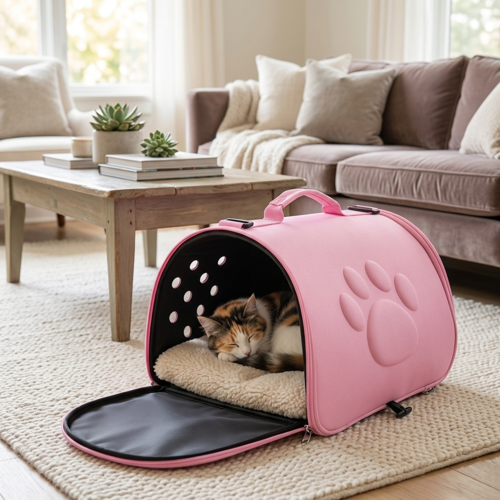 Cat curled up inside the Roam carrier at home