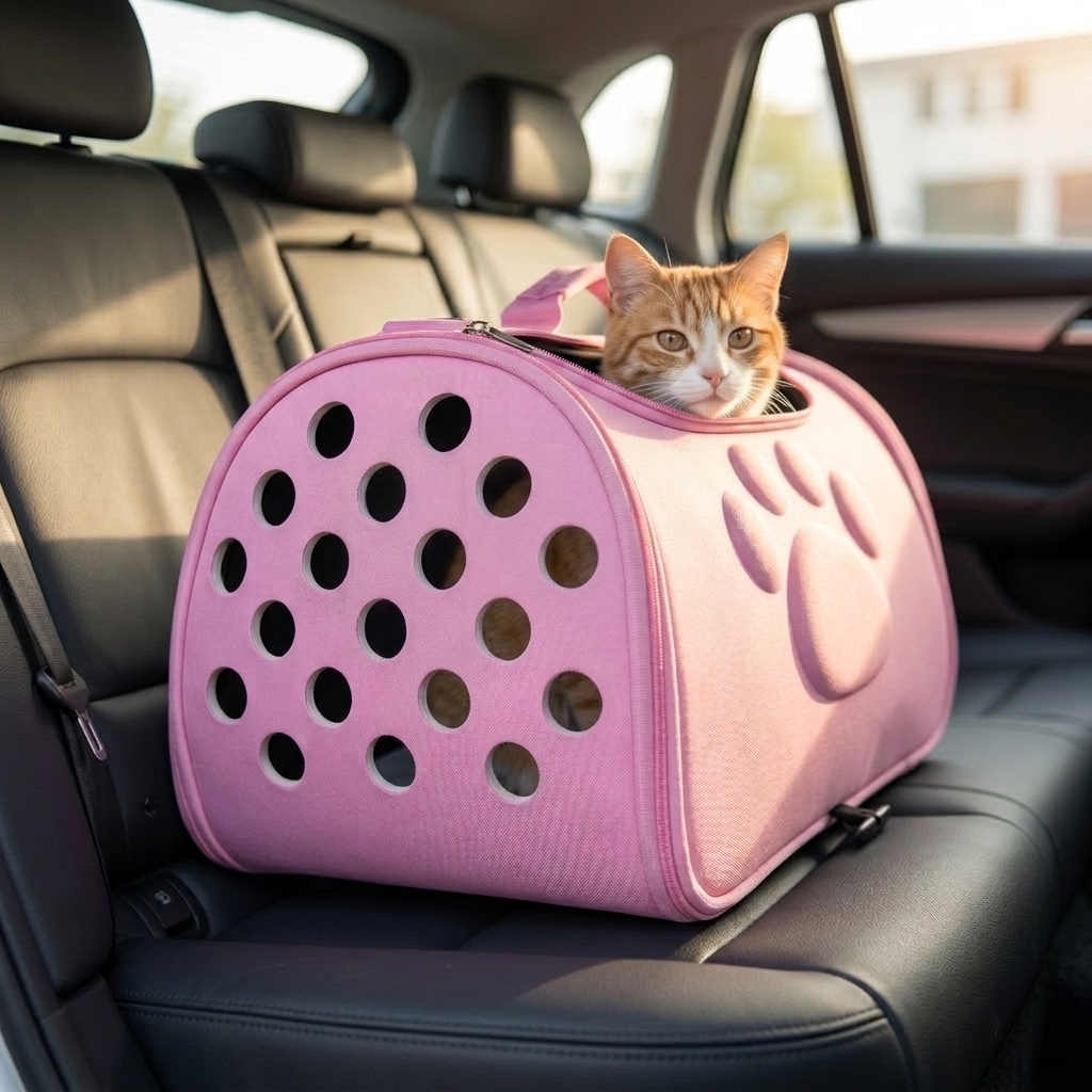 Cat looking out of the open top of the pink Roam carrier on a car seat