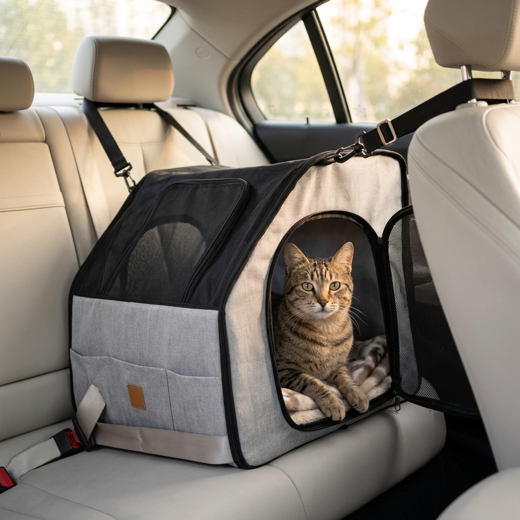 Cat sitting inside the Vista car-seat carrier secured on a car back seat, looking out the open mesh door