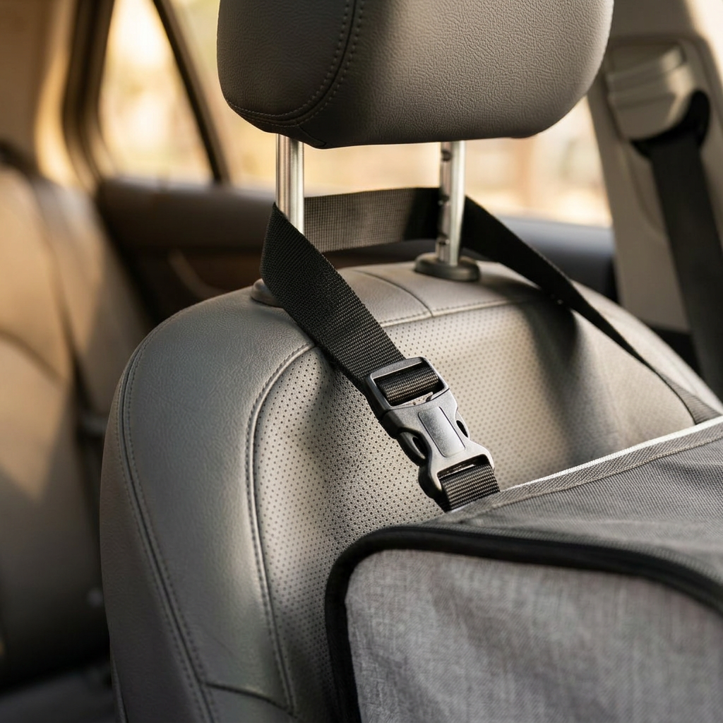 Vista carrier seatbelt-tether strap looped securely around a car headrest