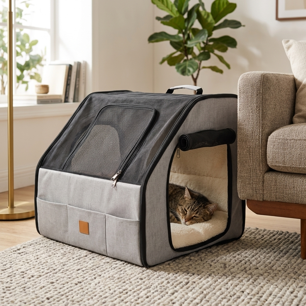 Vista carrier used as a cozy elevated cat bed at home, cat resting inside