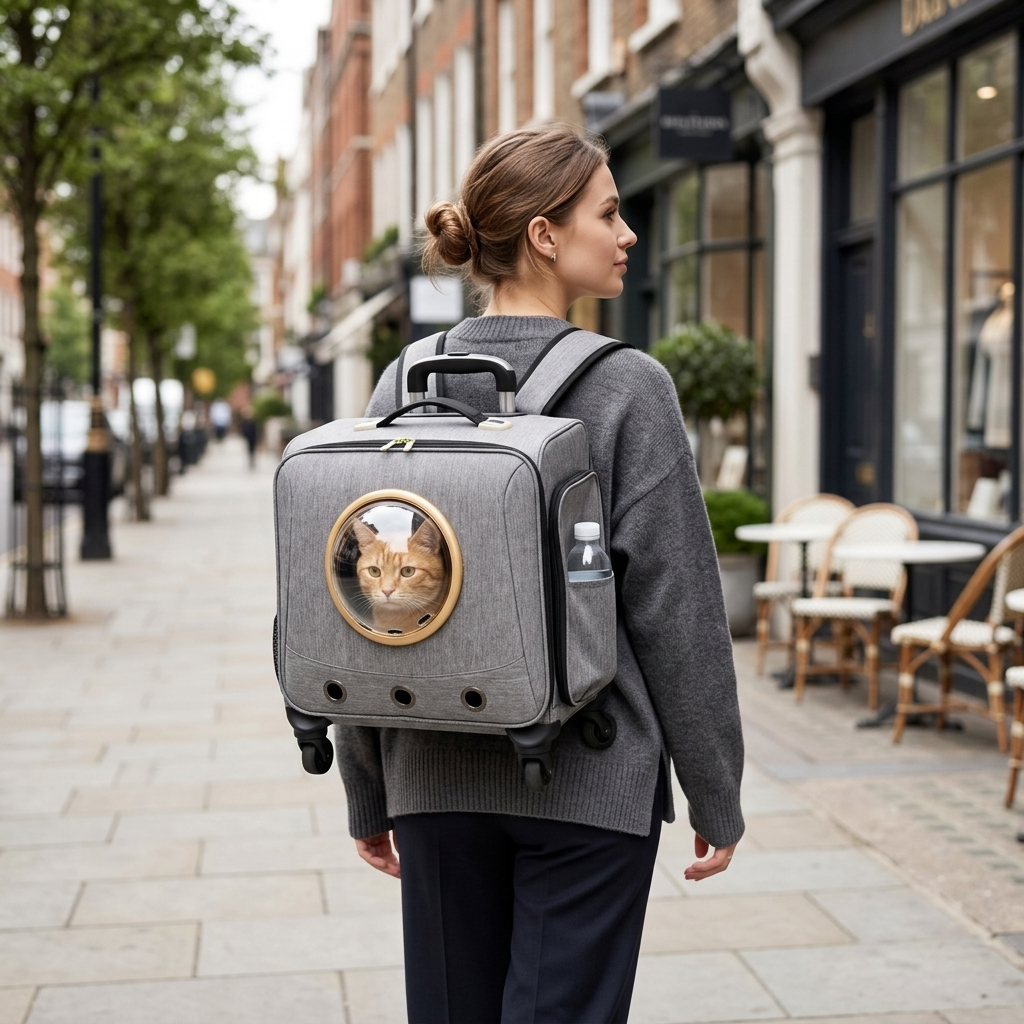 Woman wearing the Orbit carrier as a backpack, cat in the bubble window