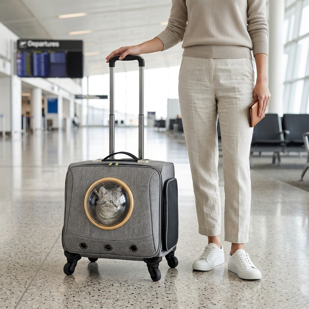 Woman standing with the grey Orbit carrier at an airport, cat looking out the bubble window