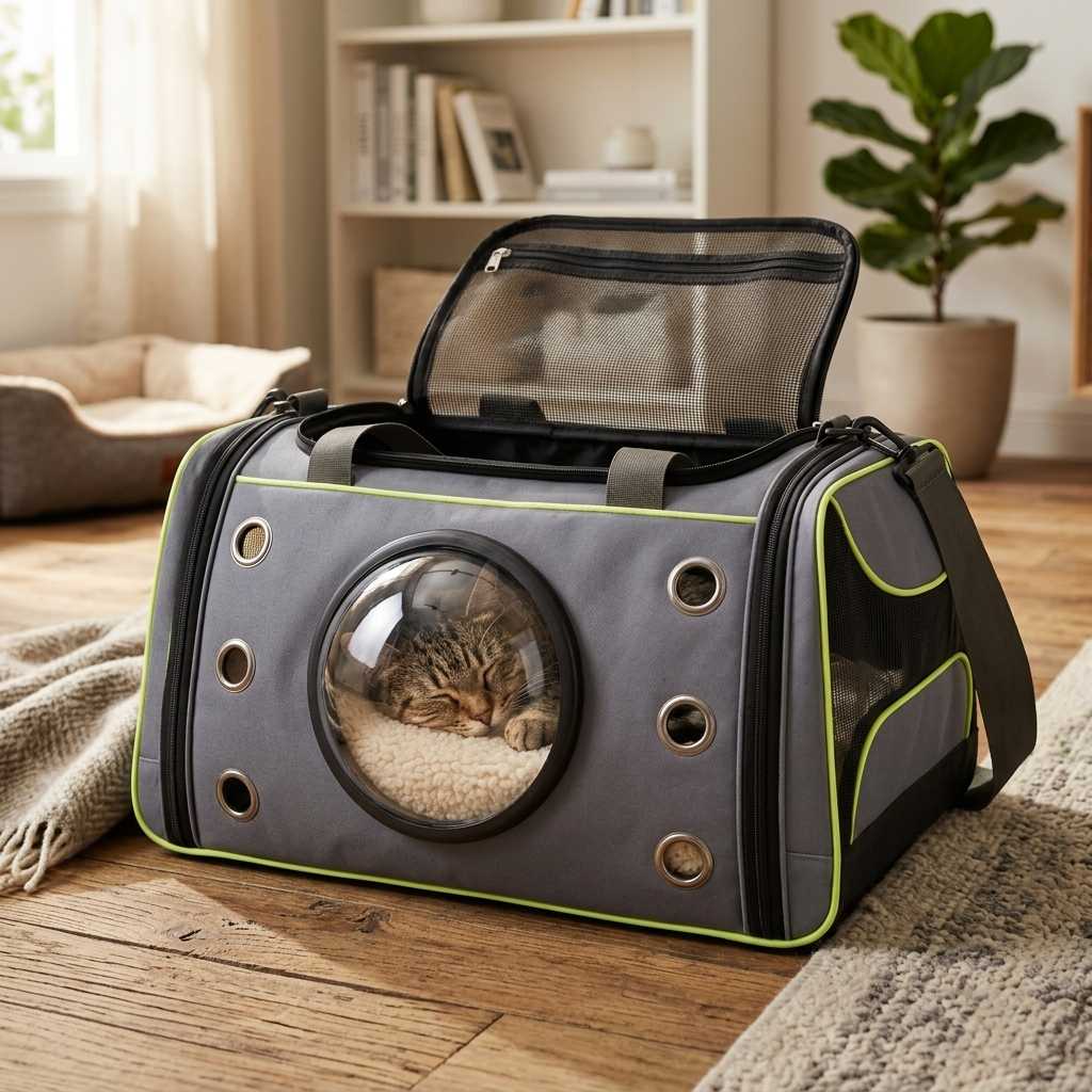 Cat curled up resting inside the Astra carrier with the top mesh open