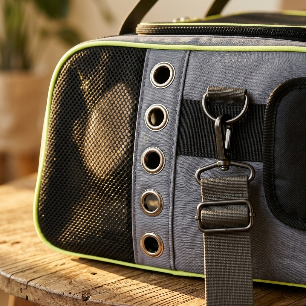Close-up of the Astra carrier mesh panel, vent grommets and crossbody strap