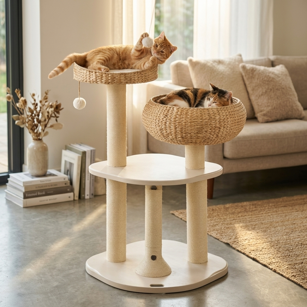 Two cats lounging on the Aspen cat tree perch and woven basket in a living room