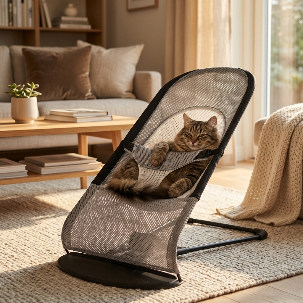 Cat lounging reclined in the grey Sway rocking chair