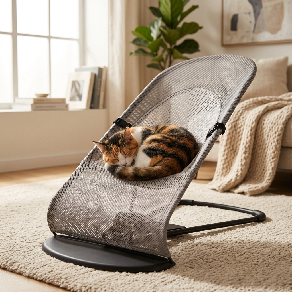 Cat curled asleep in the Sway rocking chair