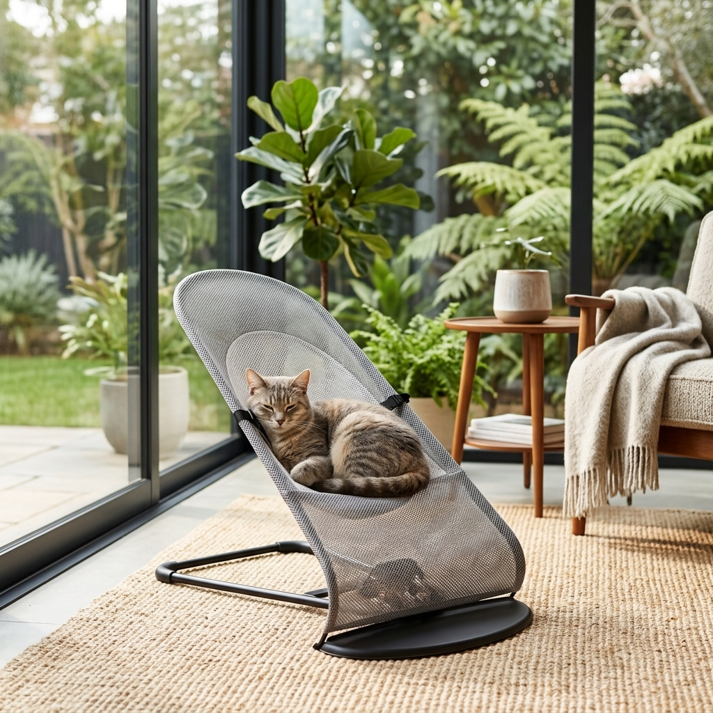 Sway rocking chair in a styled sunroom with a cat lounging