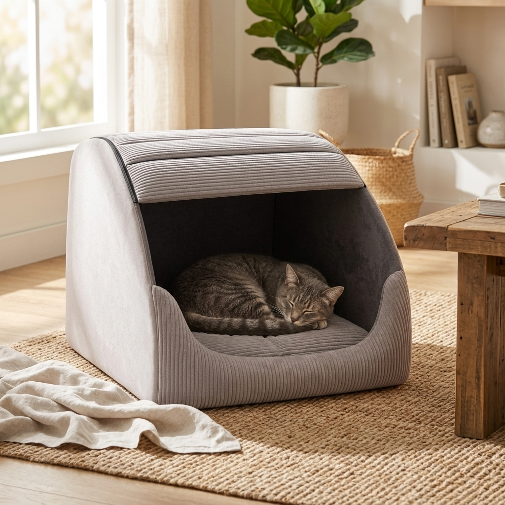 Cat curled asleep inside the Nook hooded cave bed