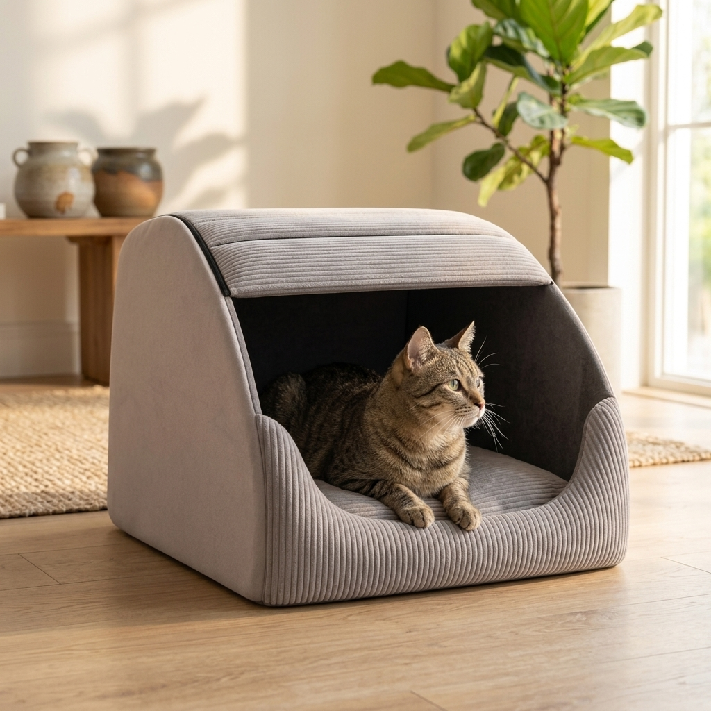 Cat sitting at the front of the Nook cave bed