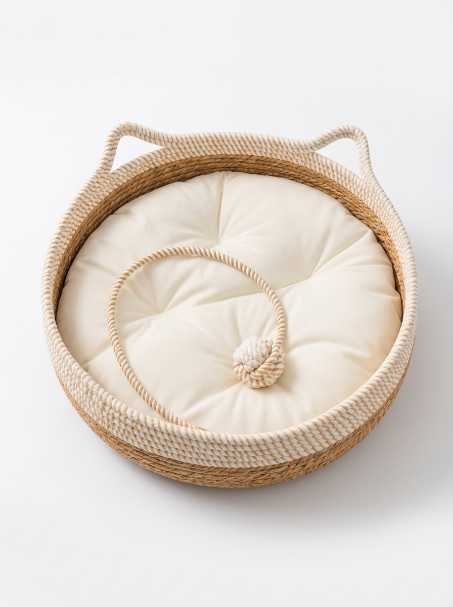Reed round woven rope cat bed basket with cream cushion, White