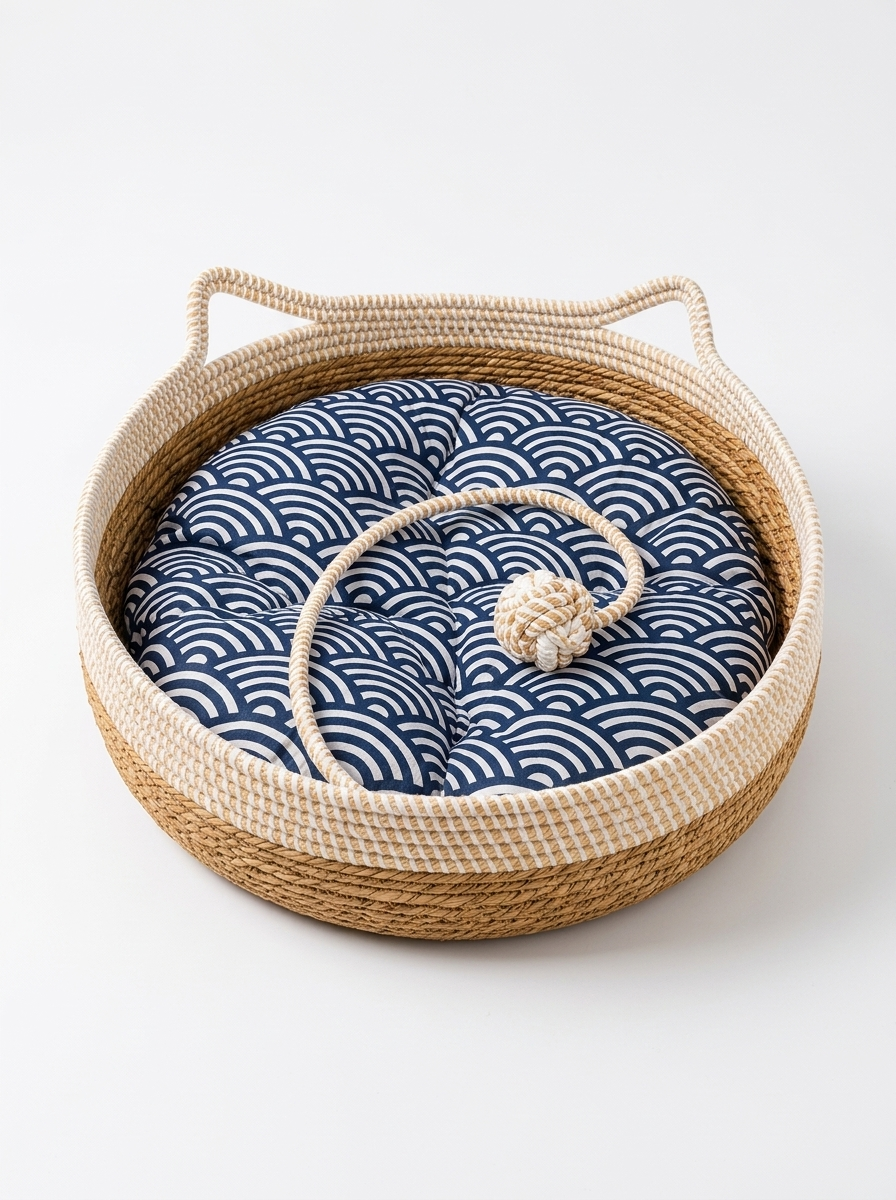 Reed round woven rope cat bed basket with navy wave cushion, Blue