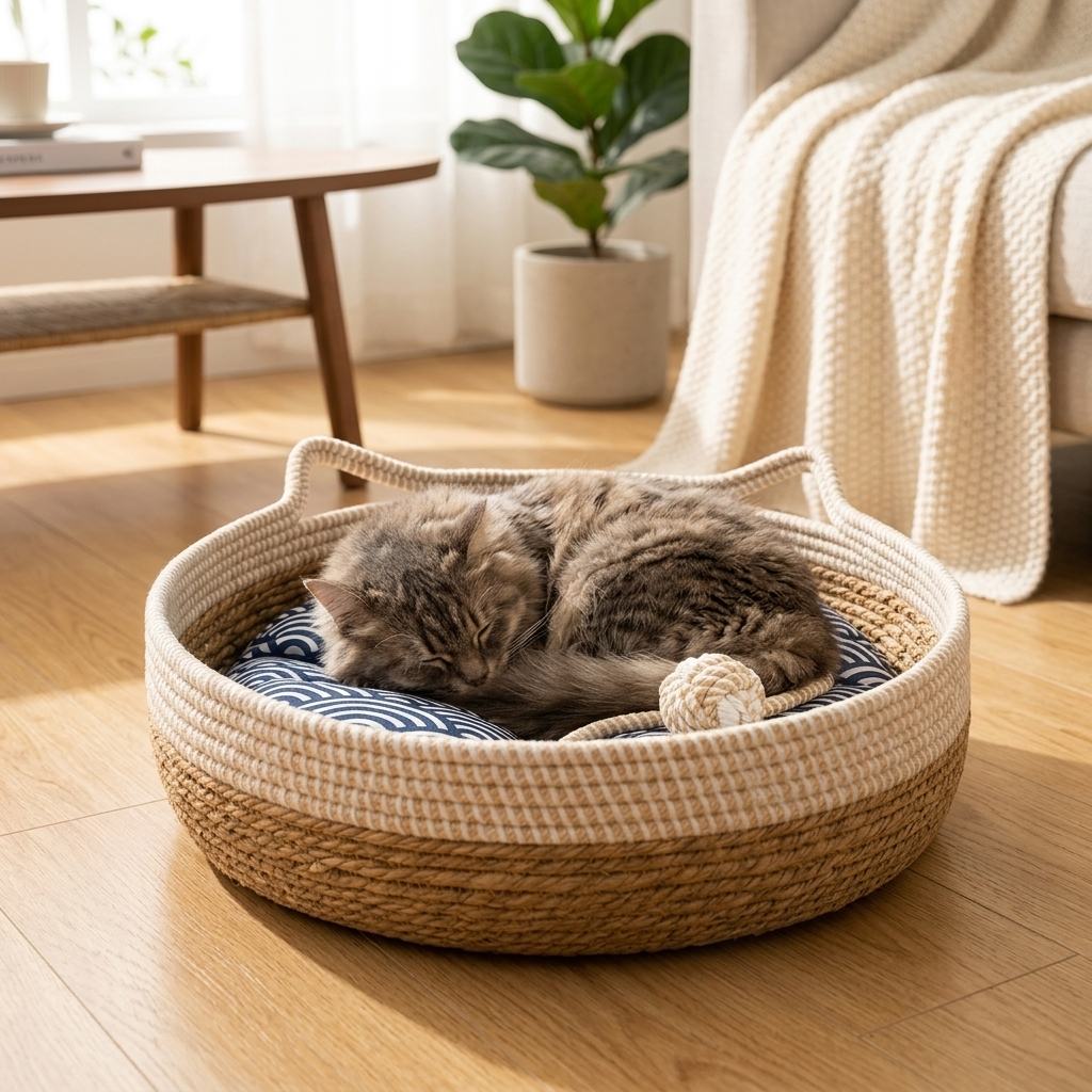 Cat curled asleep in the Reed cat bed basket