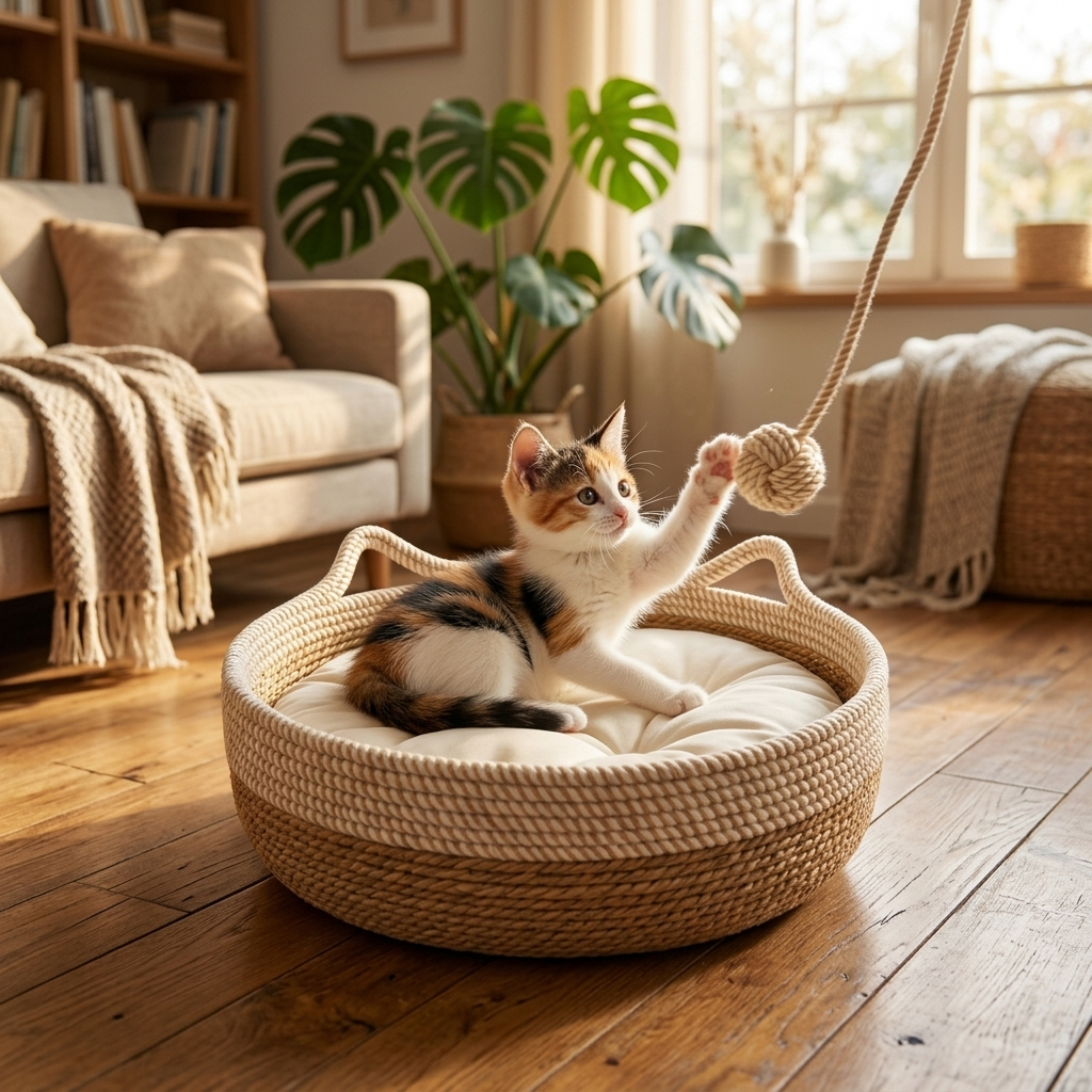 Cat playing with the rope knot toy in the Reed cat bed basket