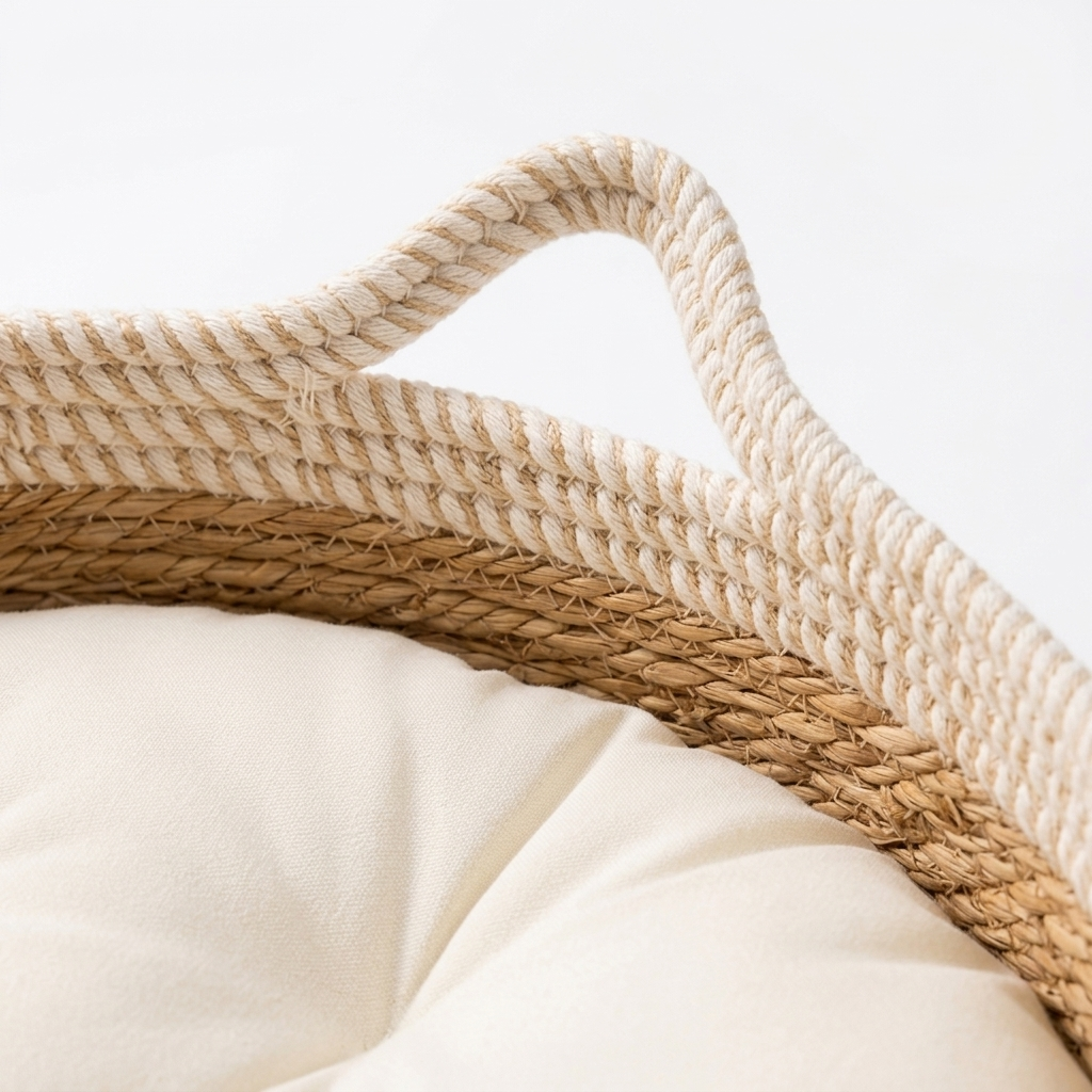 Close-up of the hand-woven natural rope and cat-ear handle detail