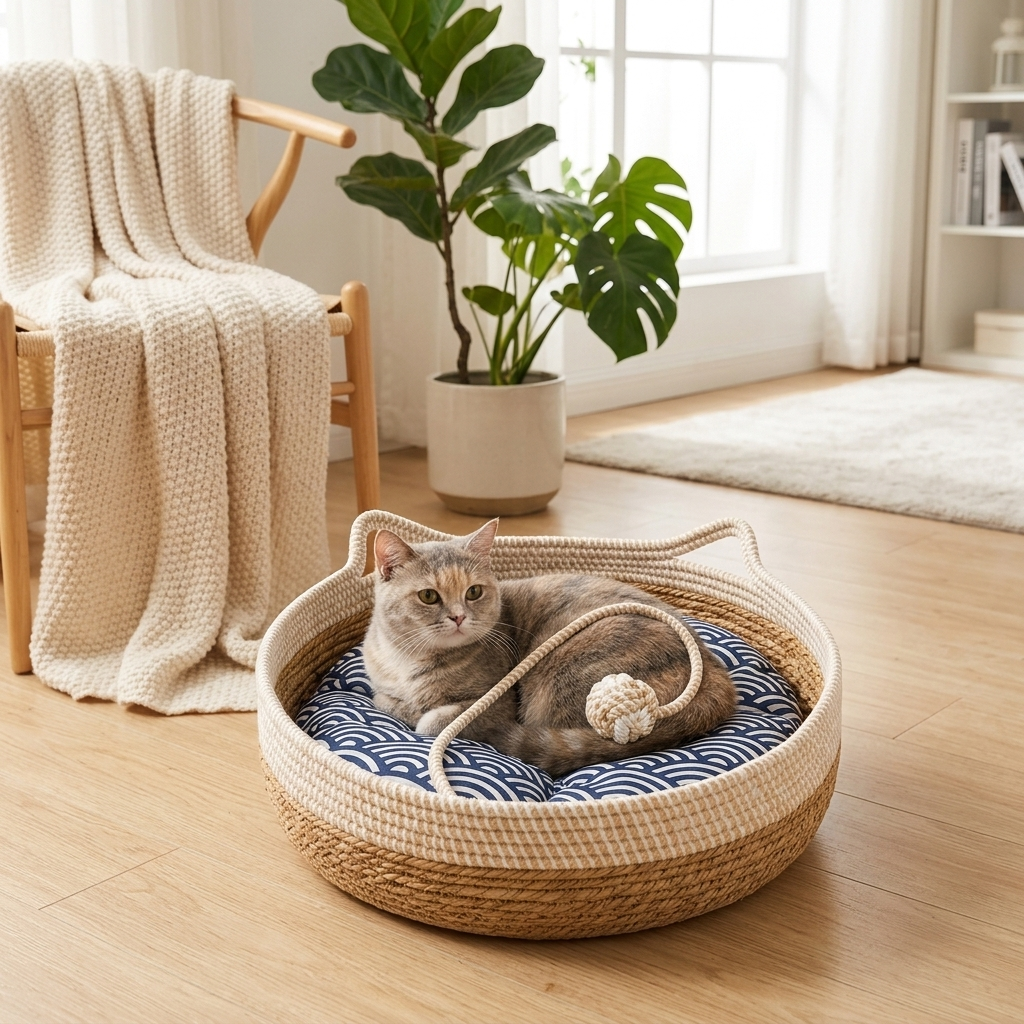 Cat resting in the Reed cat bed basket gazing out