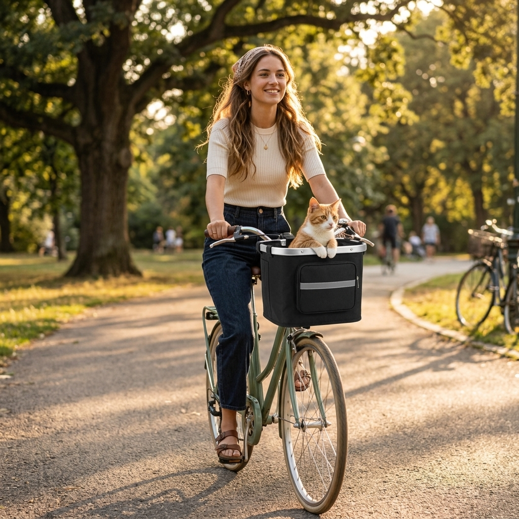 Woman cycling with her cat in the Scout front bike basket