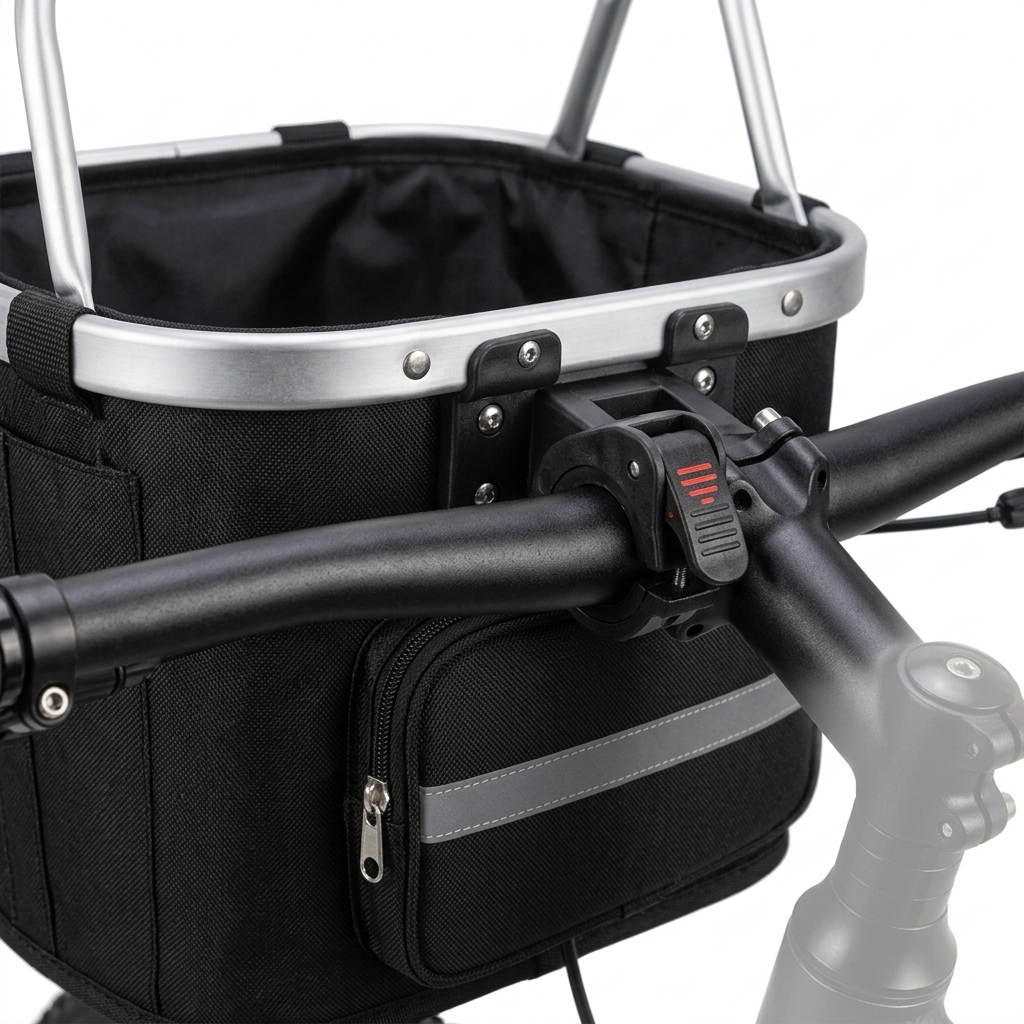 Scout quick-release handlebar bracket and front zip pocket detail