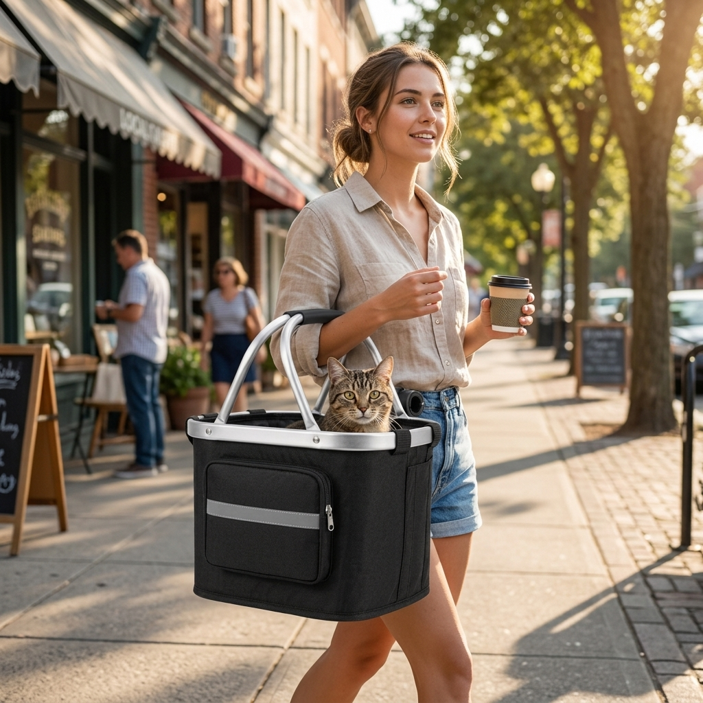 Detached Scout basket carried by hand with a cat inside