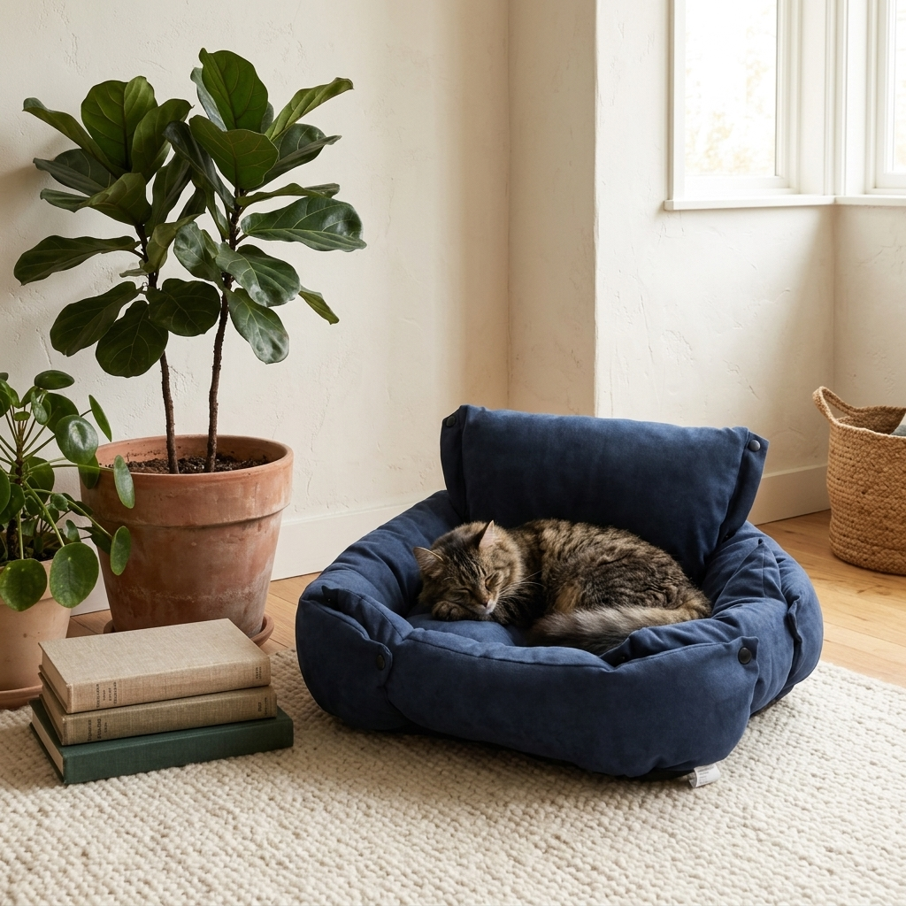 Blue Drift cat bed styled in a cozy living-room corner