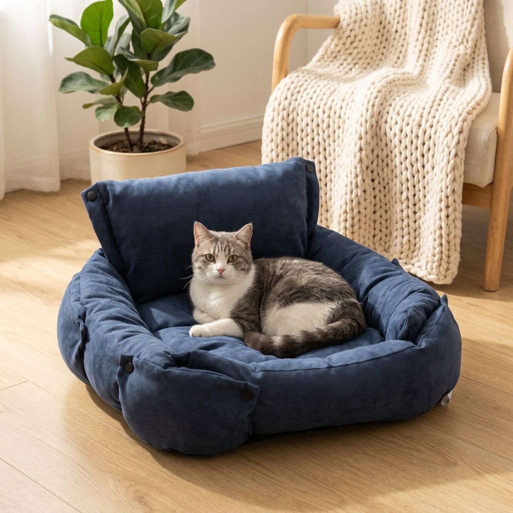Cat lounging in the blue Drift bed in sofa mode