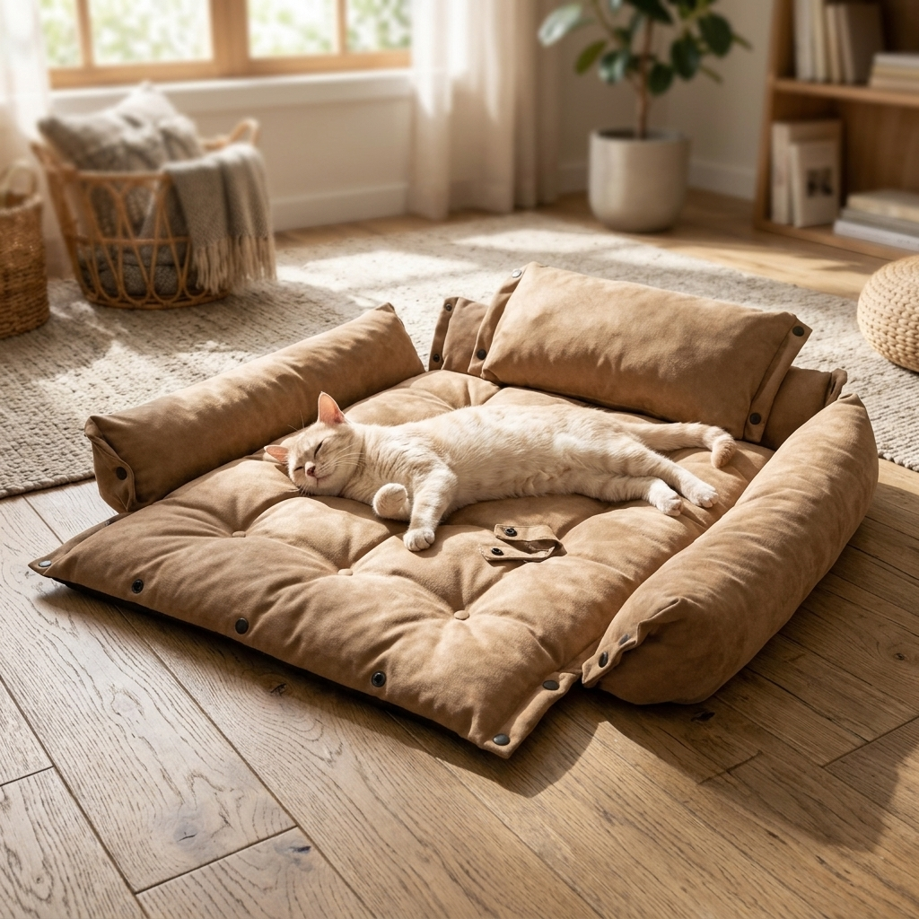 Drift bed opened flat as a nap mat with a cat, 3-in-1