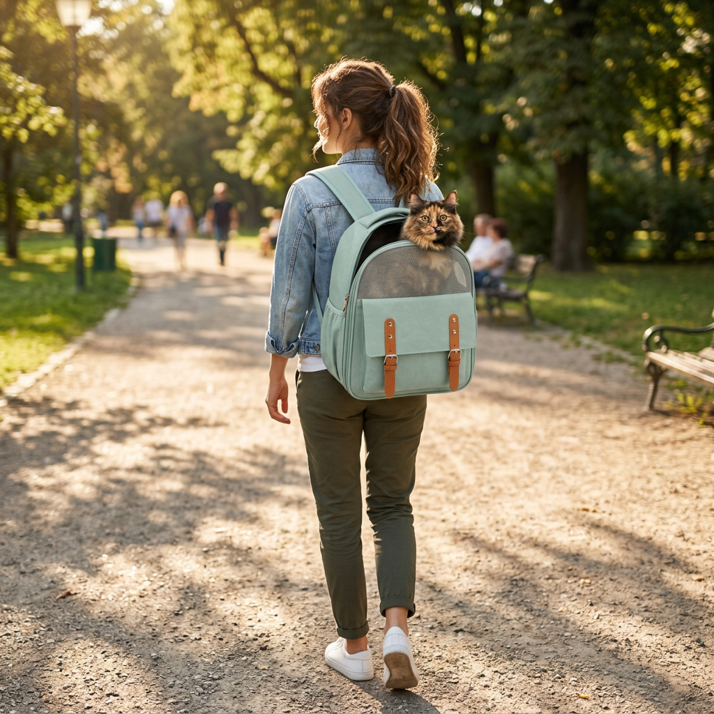 Woman walking with the green Atlas carrier, cat's head out the top