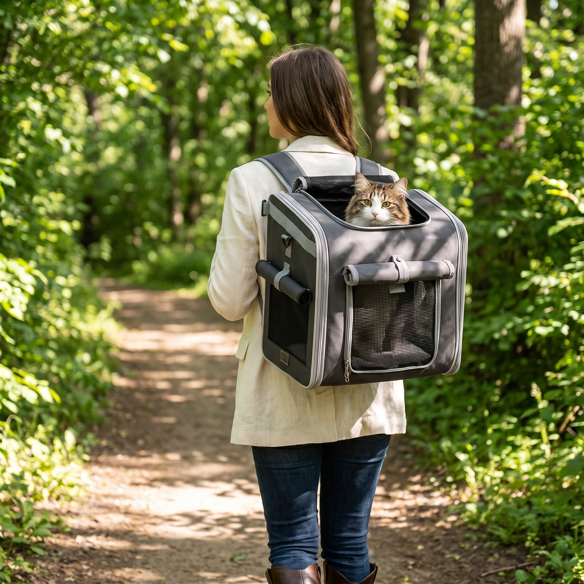 Woman wearing the Purrela Odyssey as a cat backpack in the park