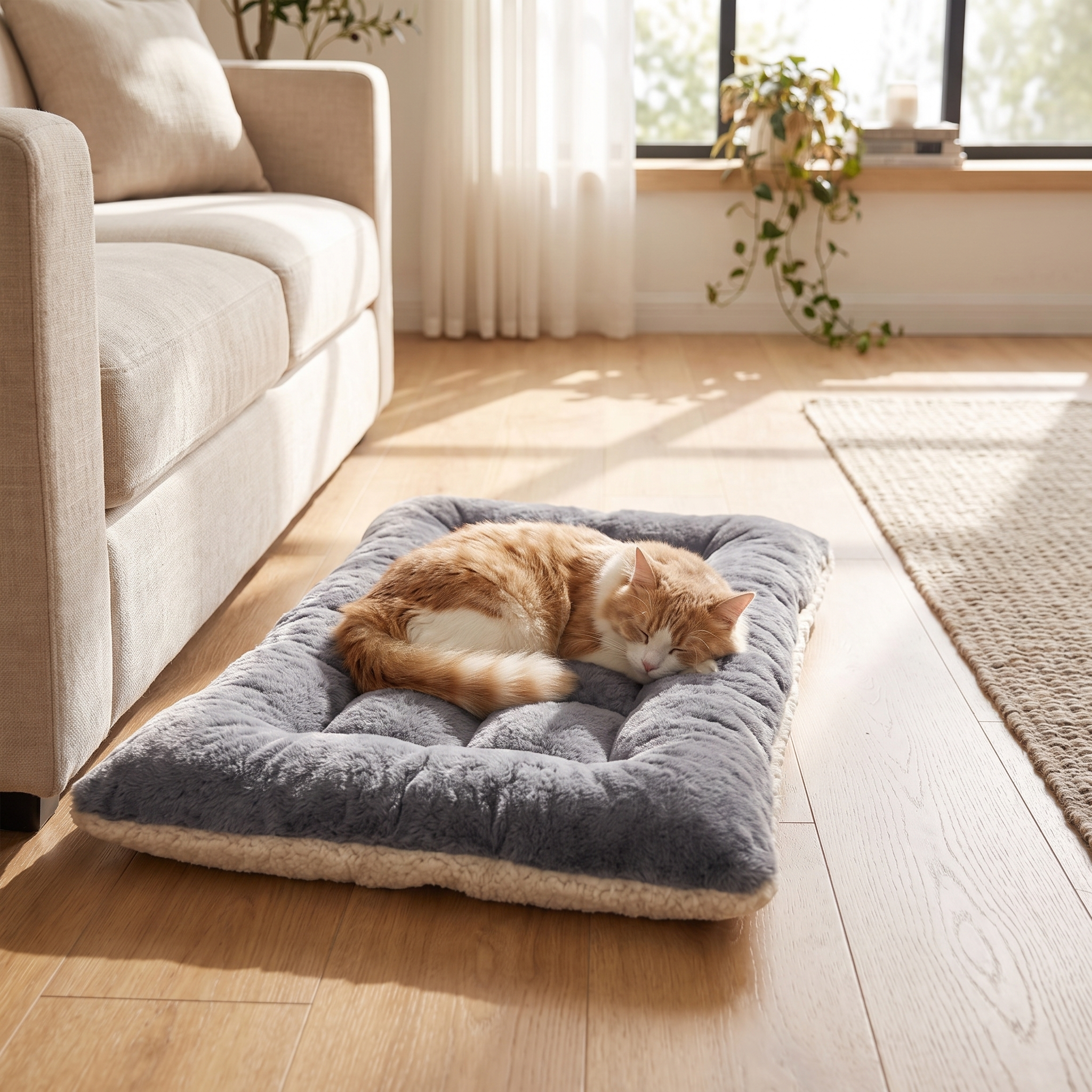 Cat curled asleep on the Purrela Plume plush cat mat by a sofa