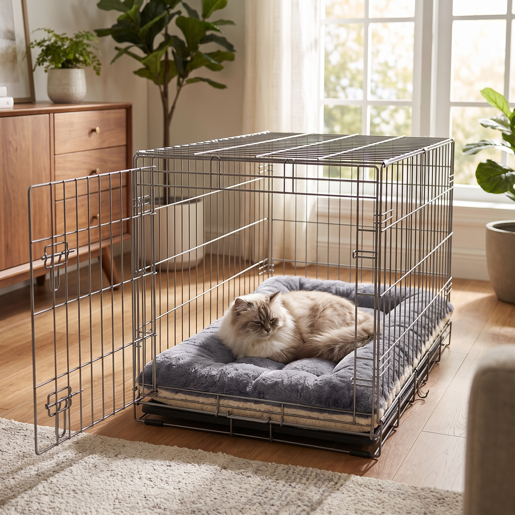 Cat resting on the Purrela Plume mat inside an open crate