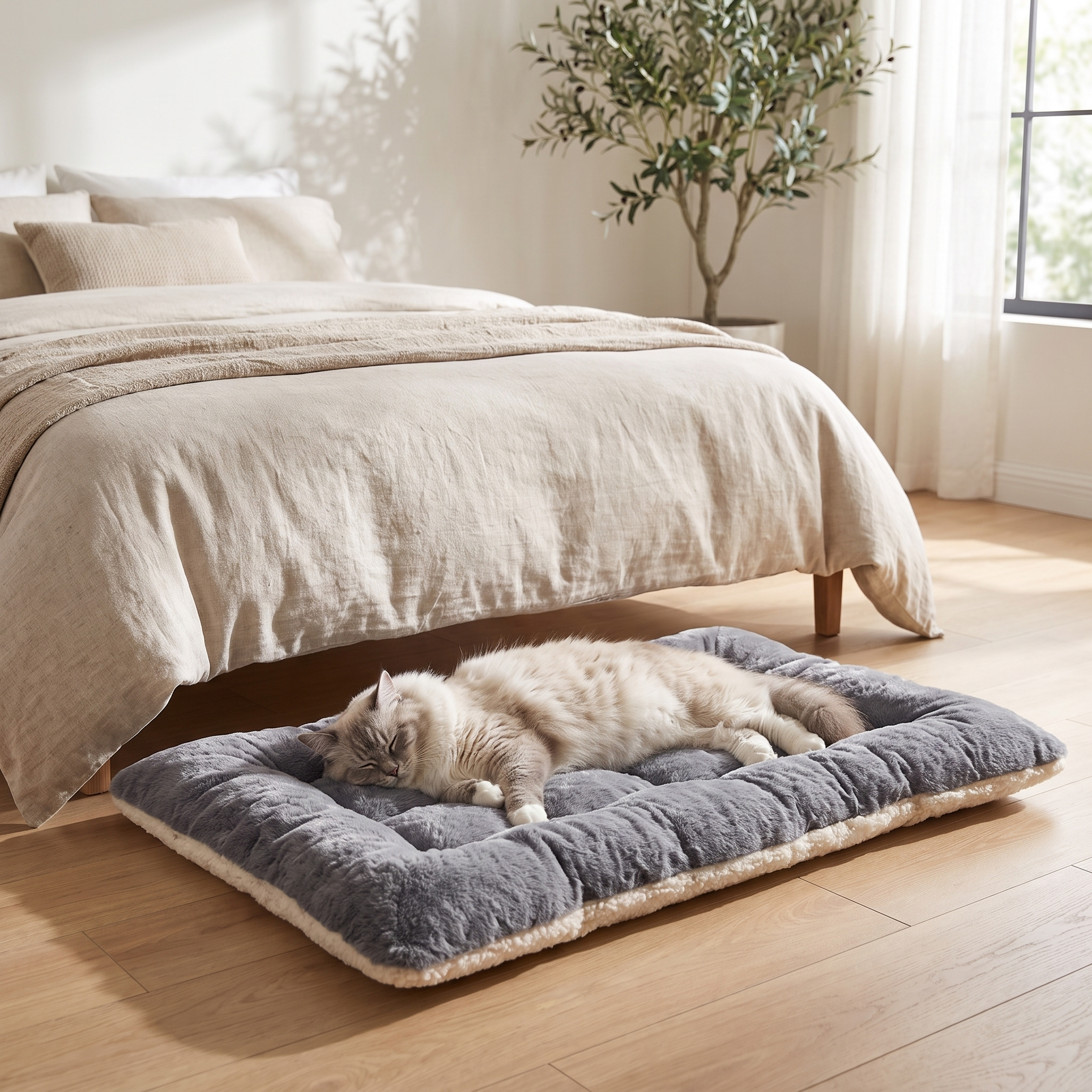 Cat napping on the Purrela Plume mat at the foot of a bed