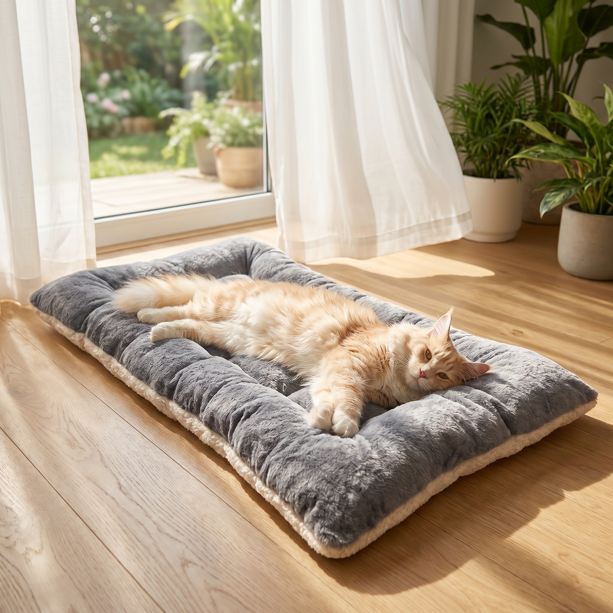 Cat stretched out on the Purrela Plume mat in a sunny window