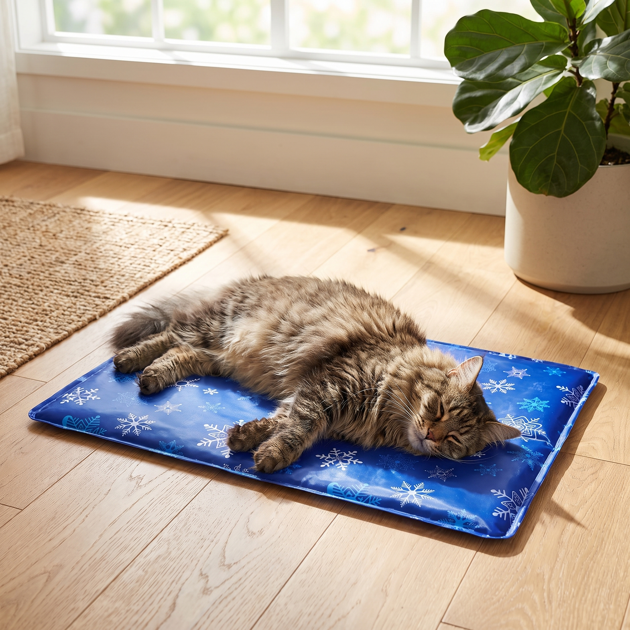 Cat cooling off on the Purrela Glacier gel mat in a summer room