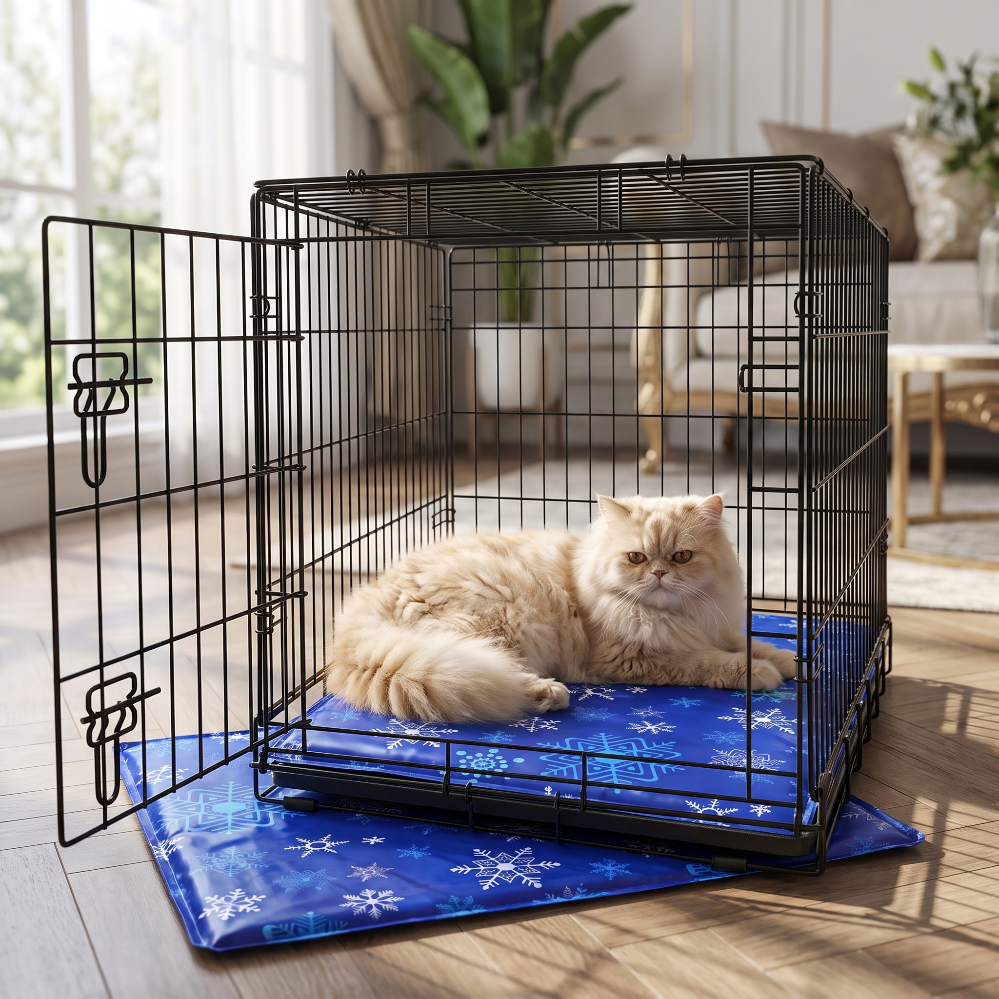 Cat resting on the Purrela Glacier cooling mat inside an open crate