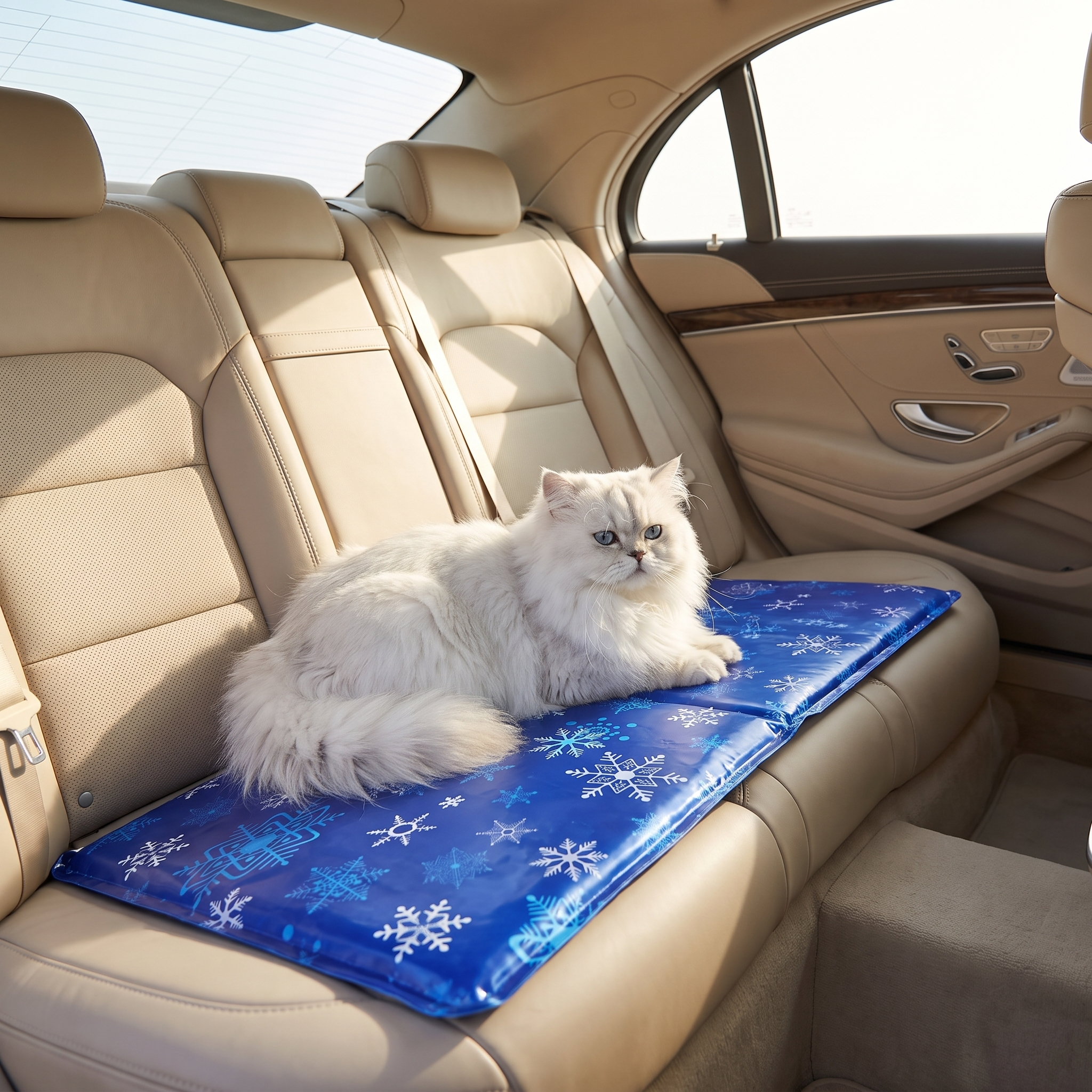Cat lounging on the Purrela Glacier cooling mat on a car seat