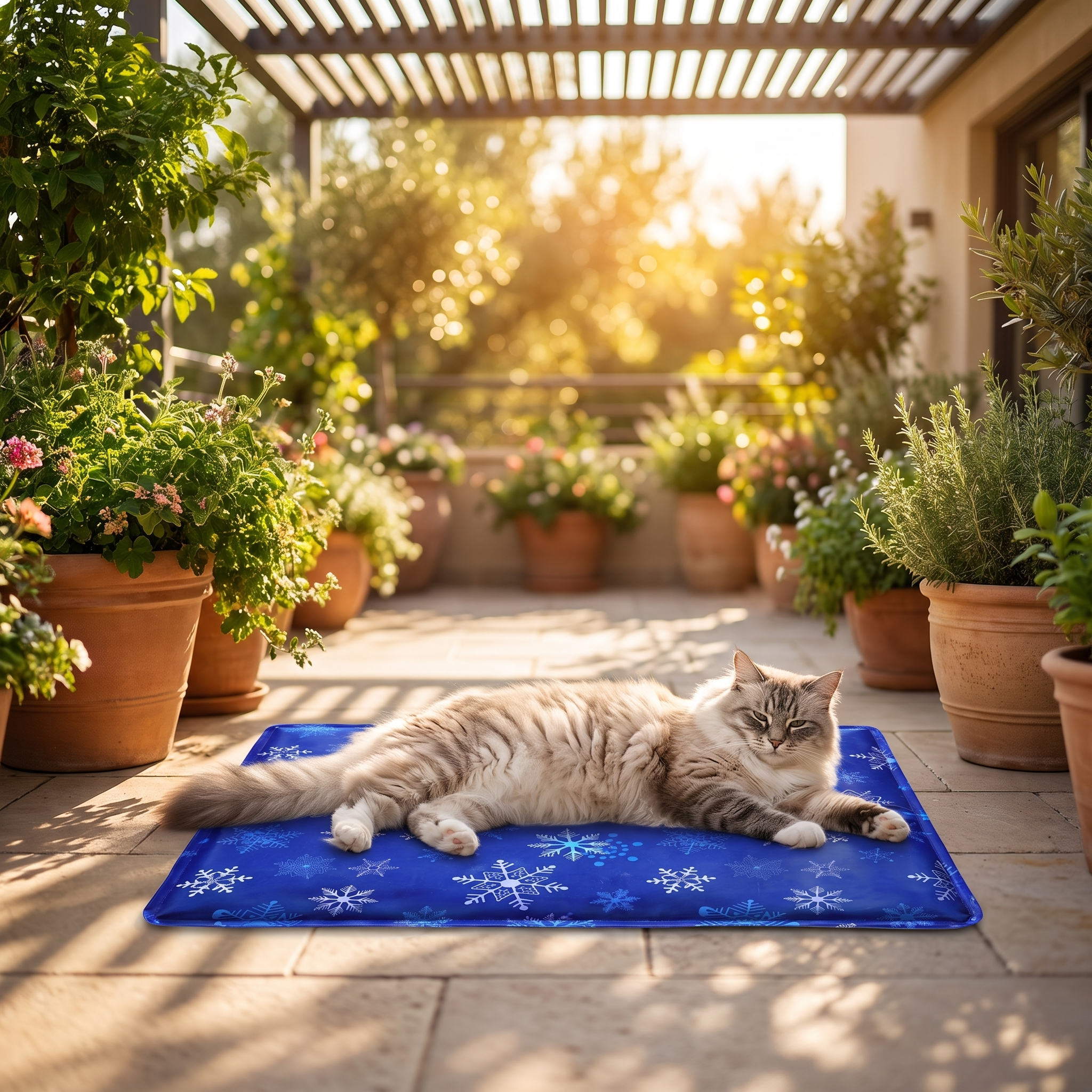 Cat lounging on the Purrela Glacier cooling mat on a sunny patio