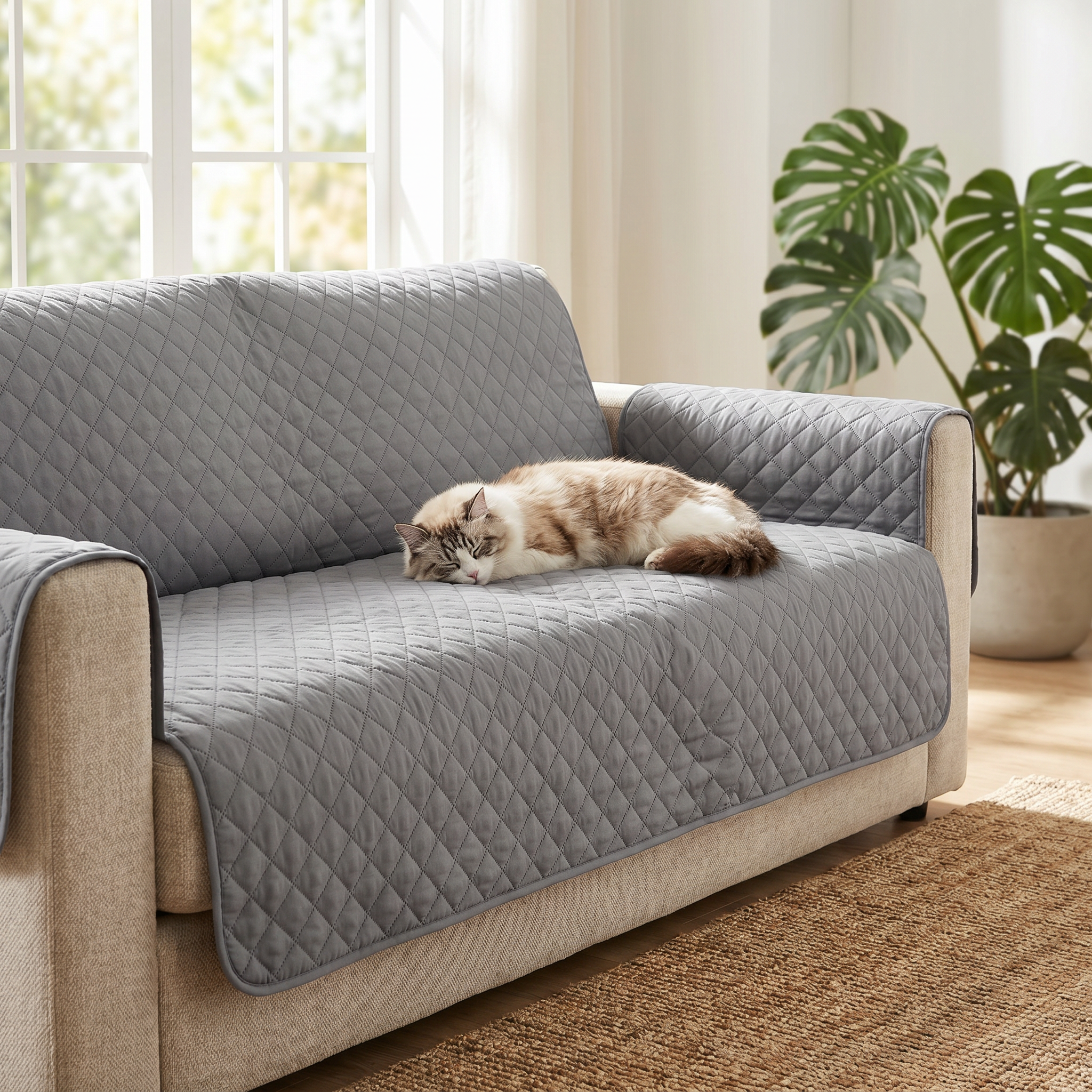 Cat curled on the grey Purrela Sanctuary protector draped over a sofa
