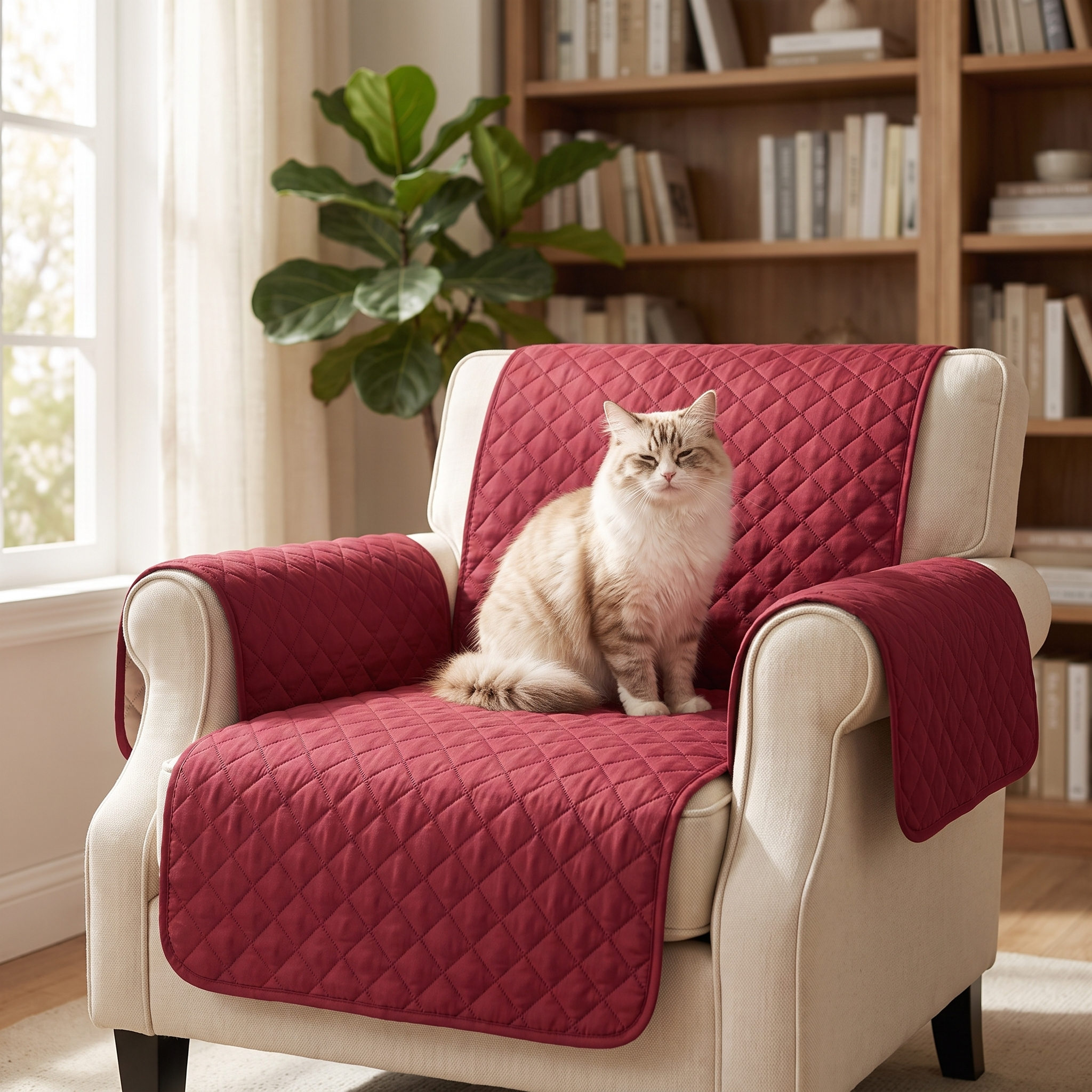 Cat sitting on the red Purrela Sanctuary protector over an armchair