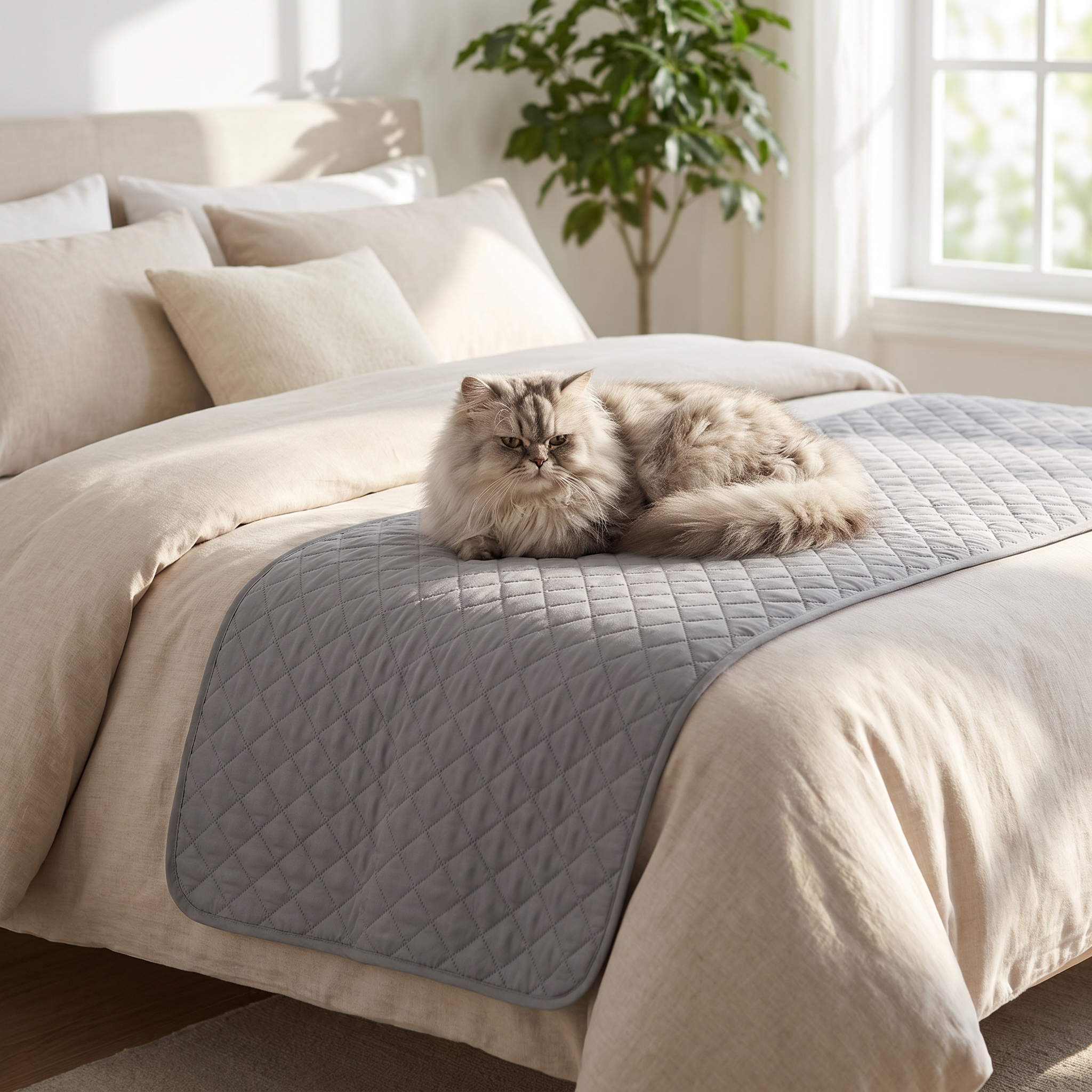 Cat lounging on the grey Purrela Sanctuary protector over a bed