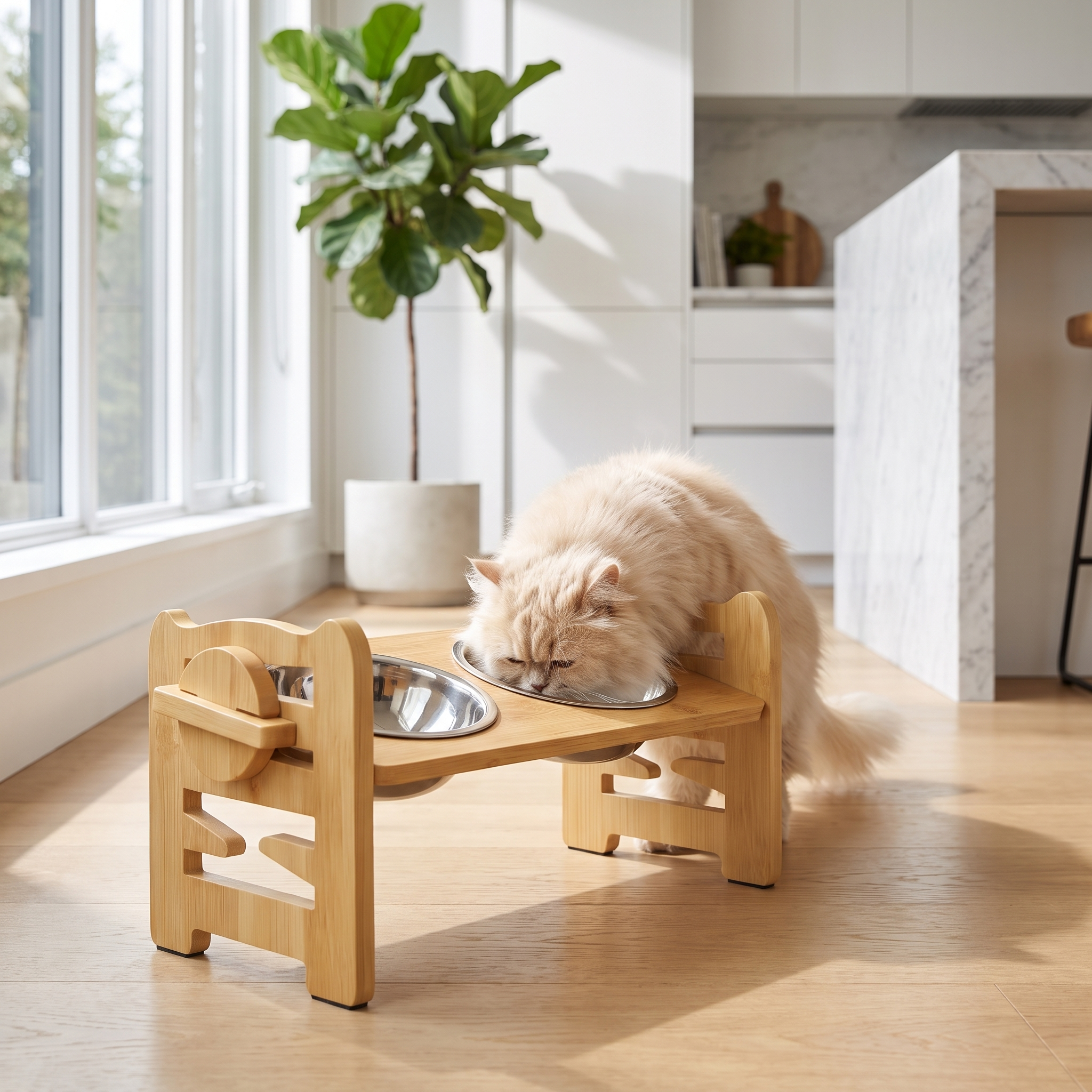 Cat eating from the Purrela Terrace bamboo feeder in a kitchen