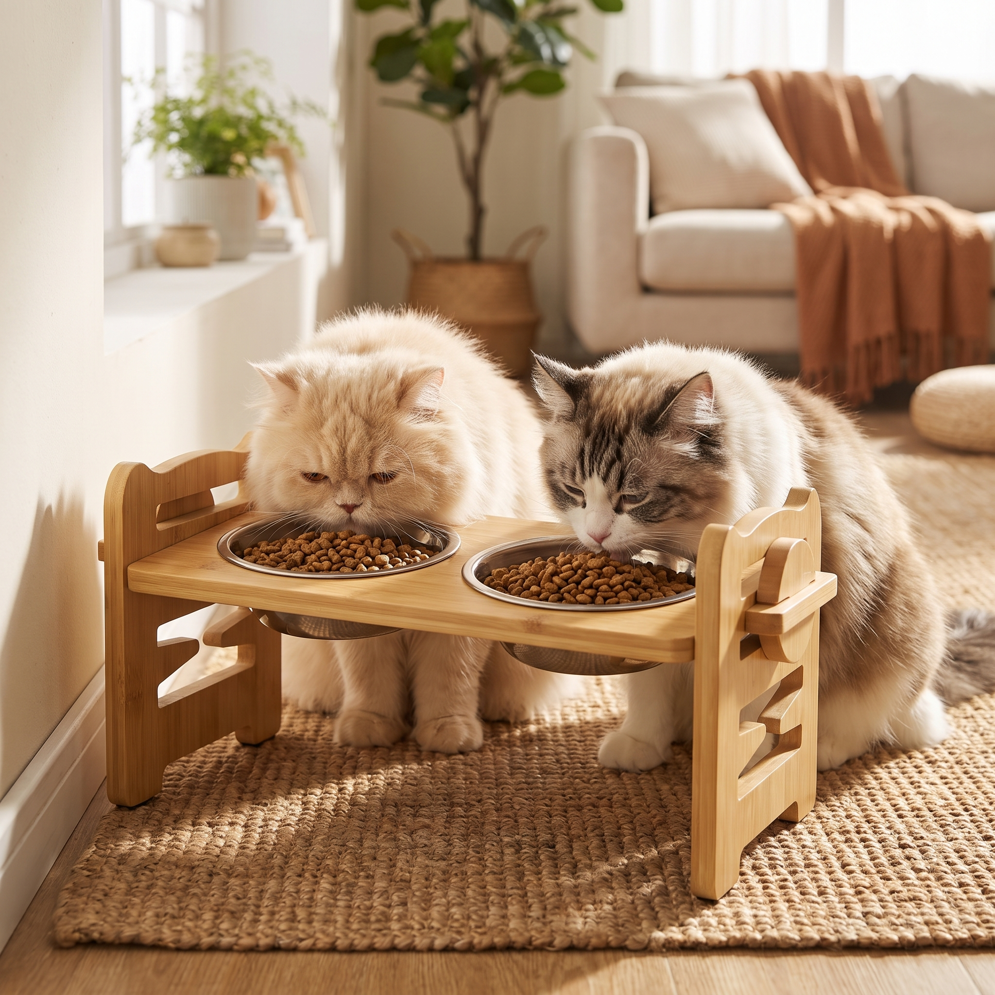 Two cats eating side by side from the Purrela Terrace bamboo feeder