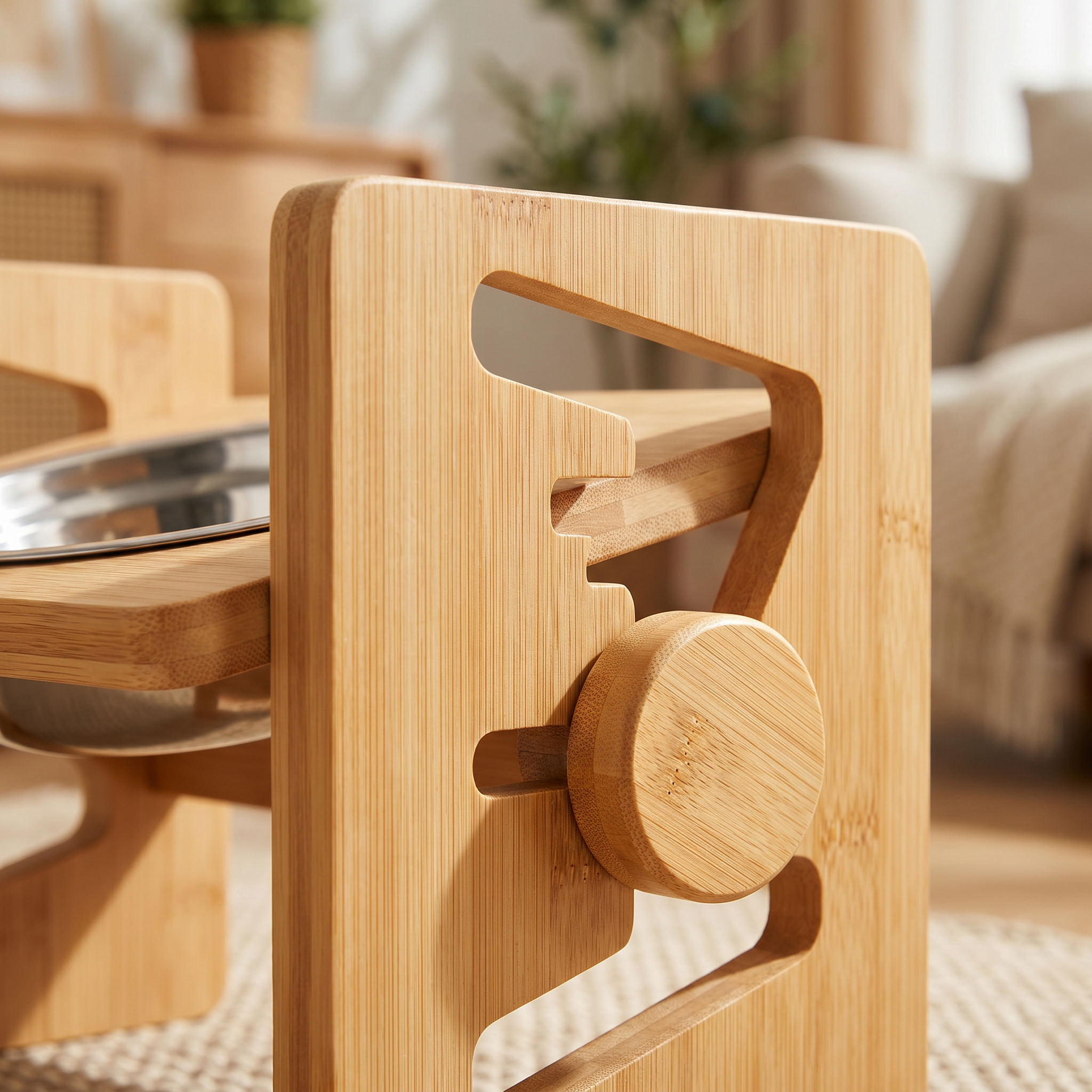Close-up of the Purrela Terrace bamboo feeder adjustable-height mechanism
