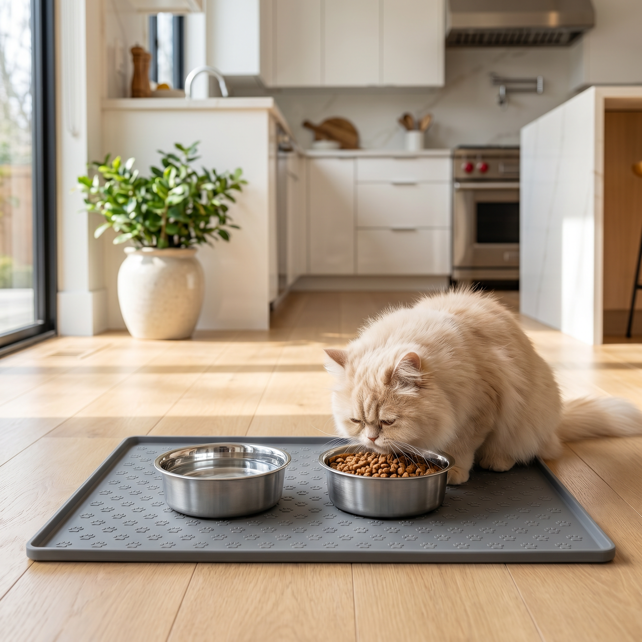 Cat eating from grey Purrela Mesa silicone feeding mat in kitchen