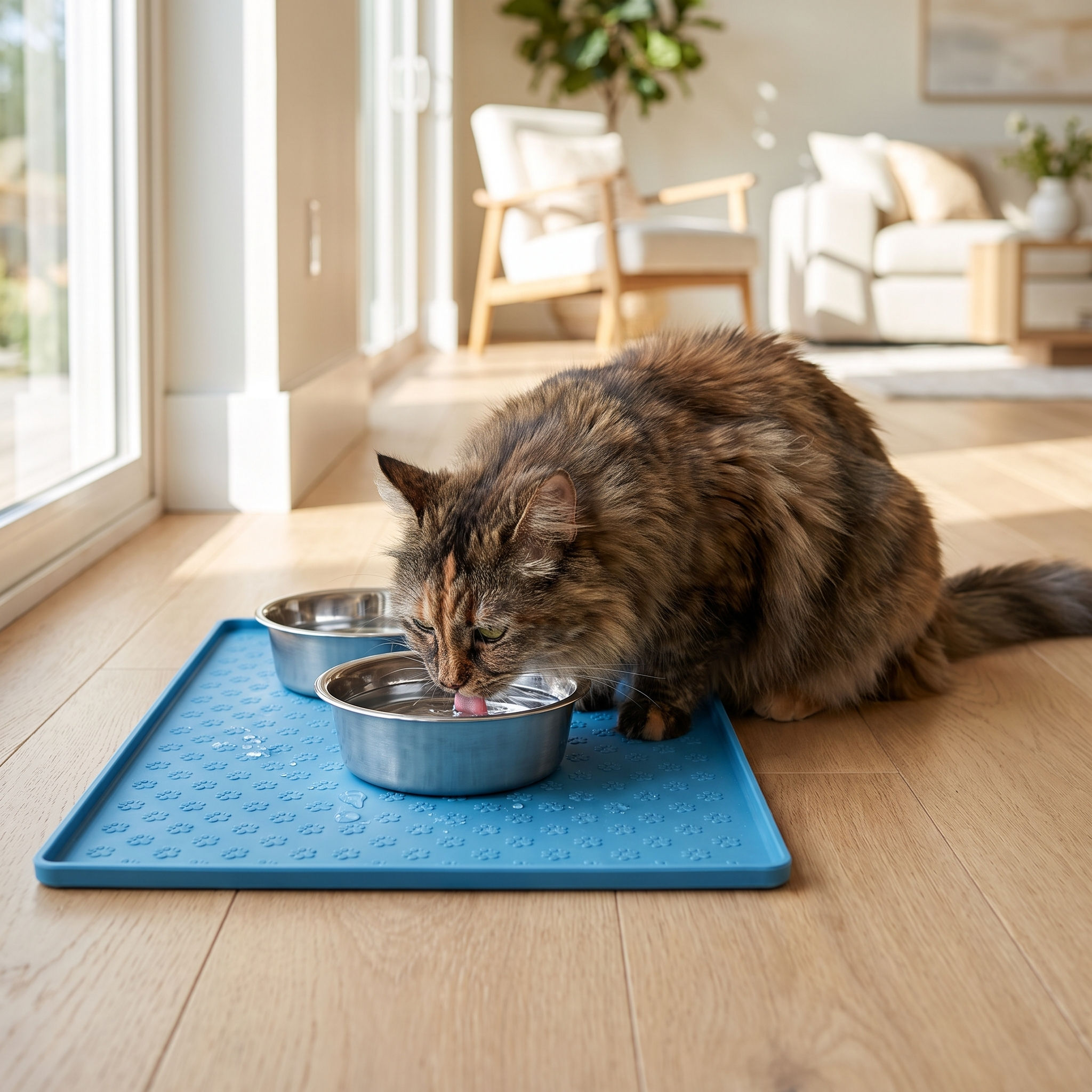 Cat drinking water on blue Purrela Mesa feeding mat
