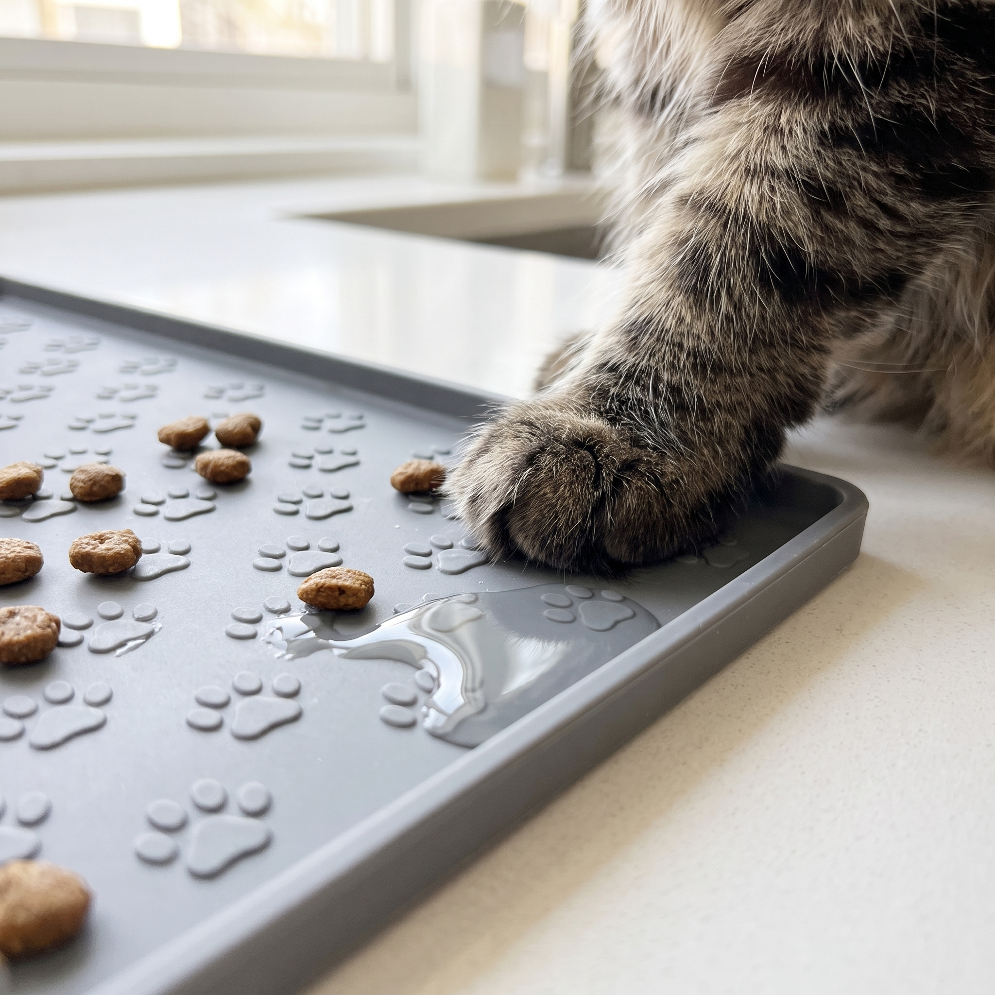 Raised lip edge of Purrela Mesa mat containing spilled water and kibble
