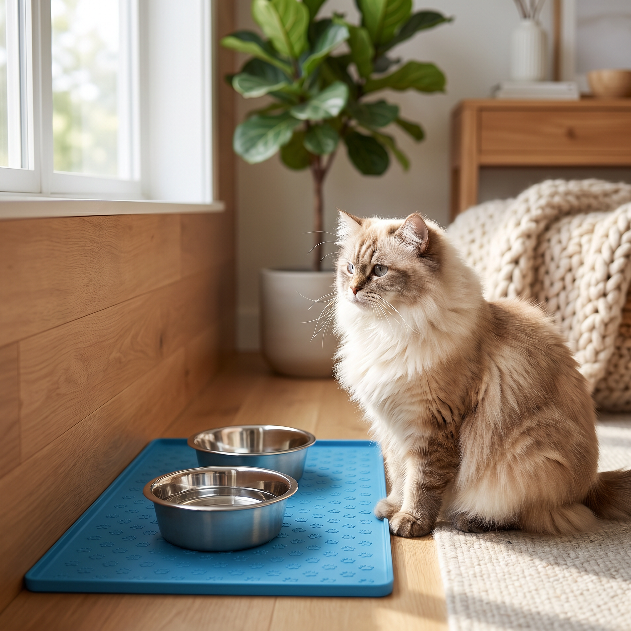Cat sitting by blue Purrela Mesa feeding station in home corner