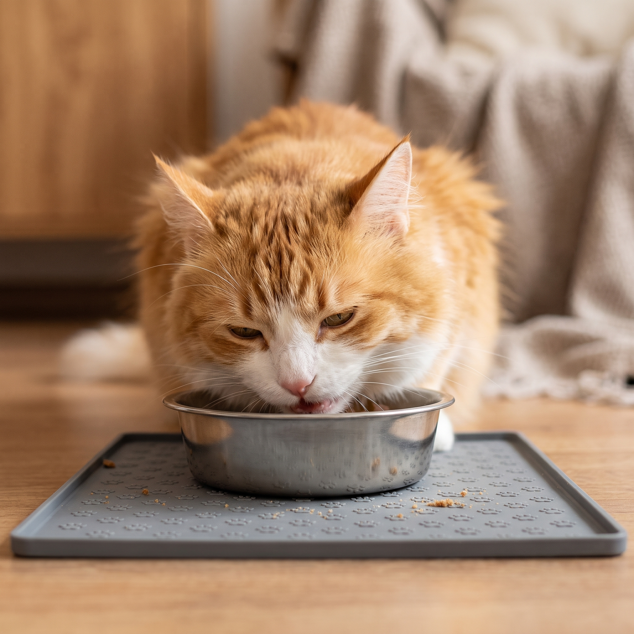 Close-up of cat eating from bowl on Purrela Mesa feeding mat